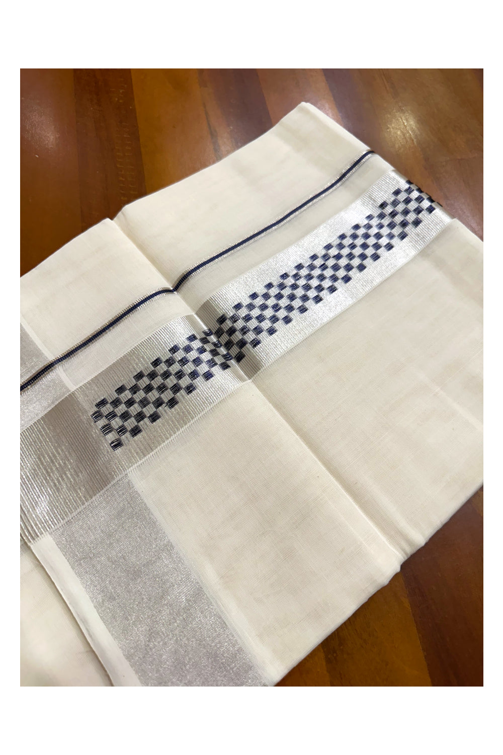 Premium Balaramapuram Handloom Unakkupaavu Cotton Double Mundu with Silver Kasavu and Blue Paa Neythu Border