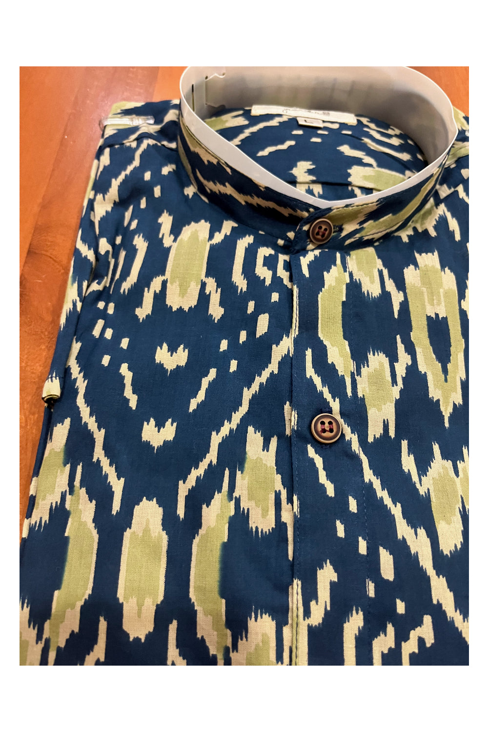 Southloom Jaipur Cotton Blue Green Hand Block Printed Mandarin Collar Shirt (Full Sleeves)