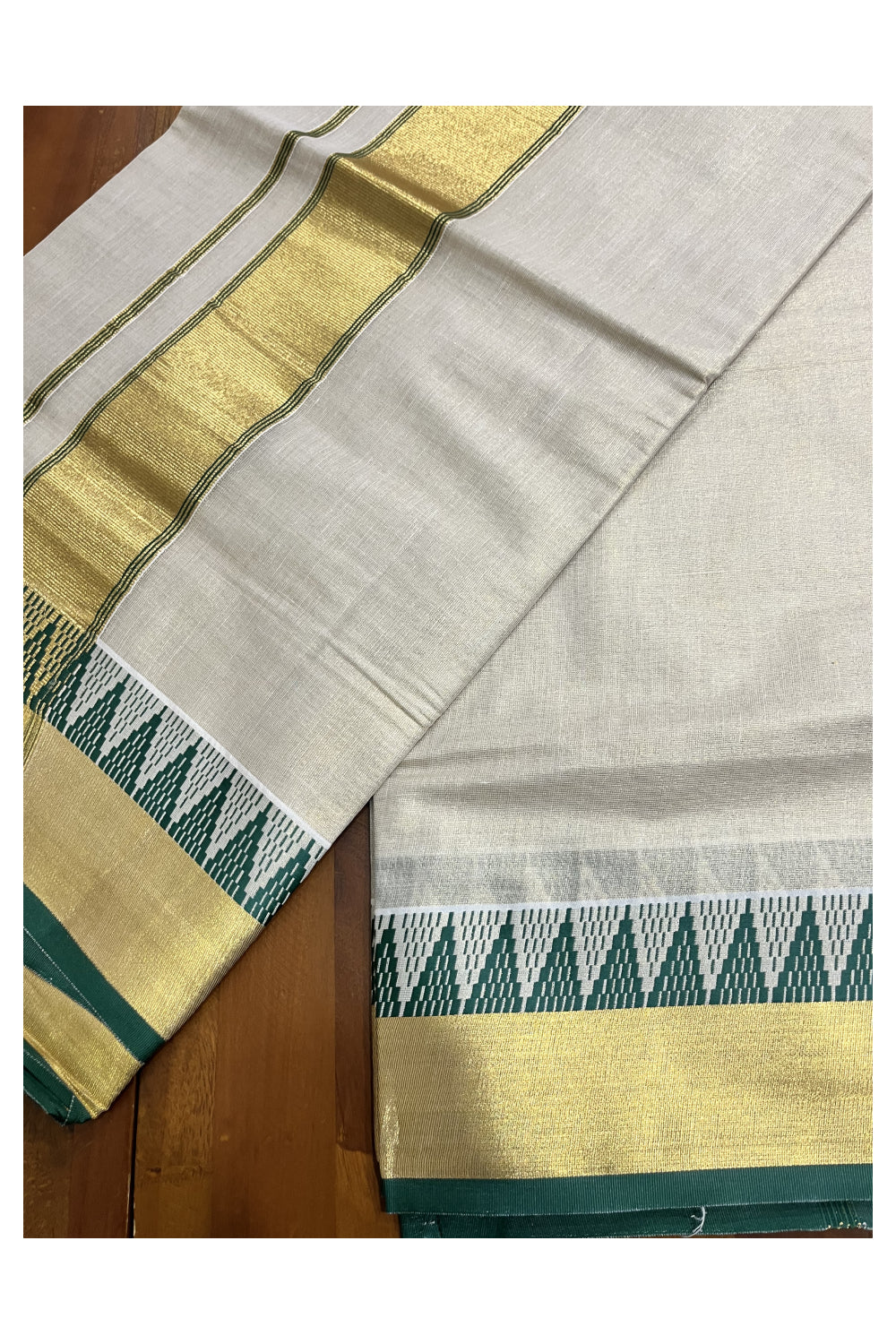 Kerala Tissue Saree with Kasavu and Green Temple Woven Designs on Border (Vishu 2024 Collection)