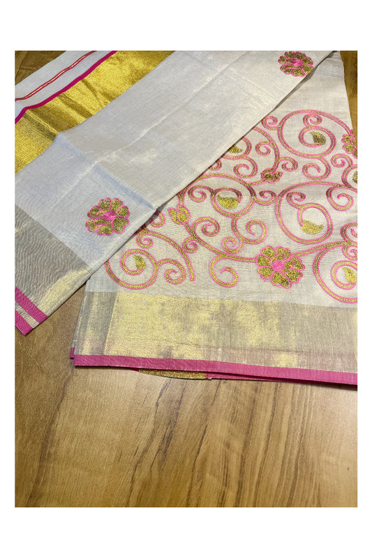 Kerala Tissue Kasavu Saree With Pink and Golden Floral Embroidery Works