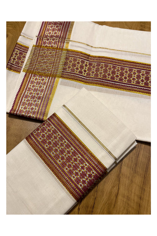 Kerala Pure Cotton Set Mundu Single (Mundum Neriyathum) with Maroon Block Prints on Kasavu and Silver Border 2.80Mtrs(Onam 2024 Collection)