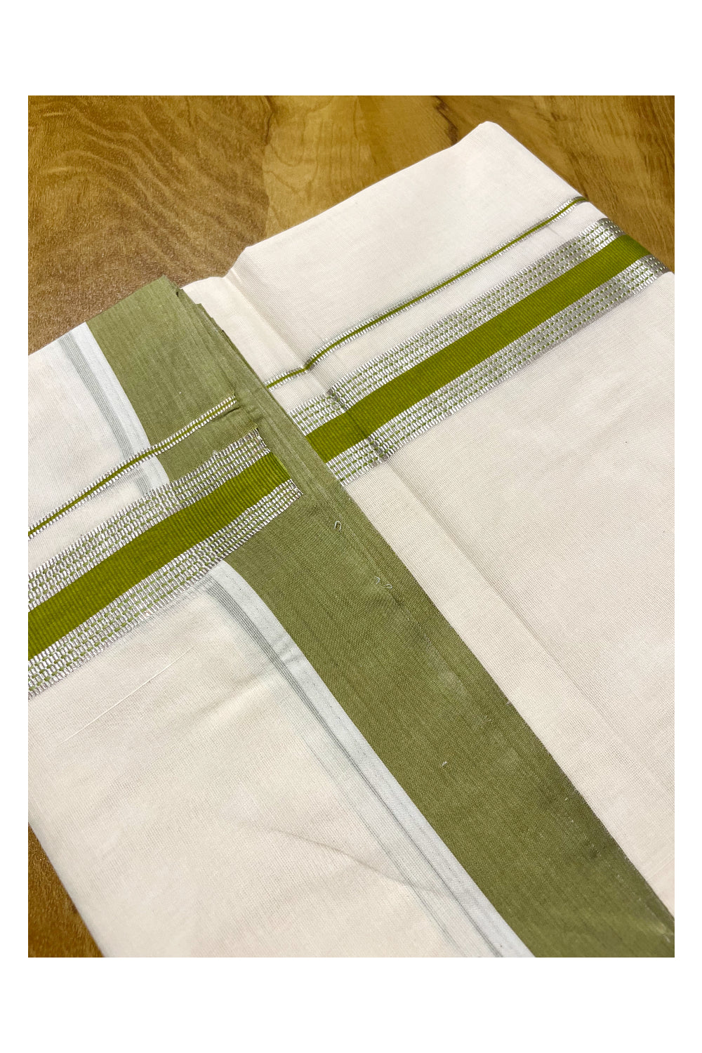 Pure Cotton Off White Double Mundu with Silver Kasavu and Green Border (South Indian Kerala Dhoti)