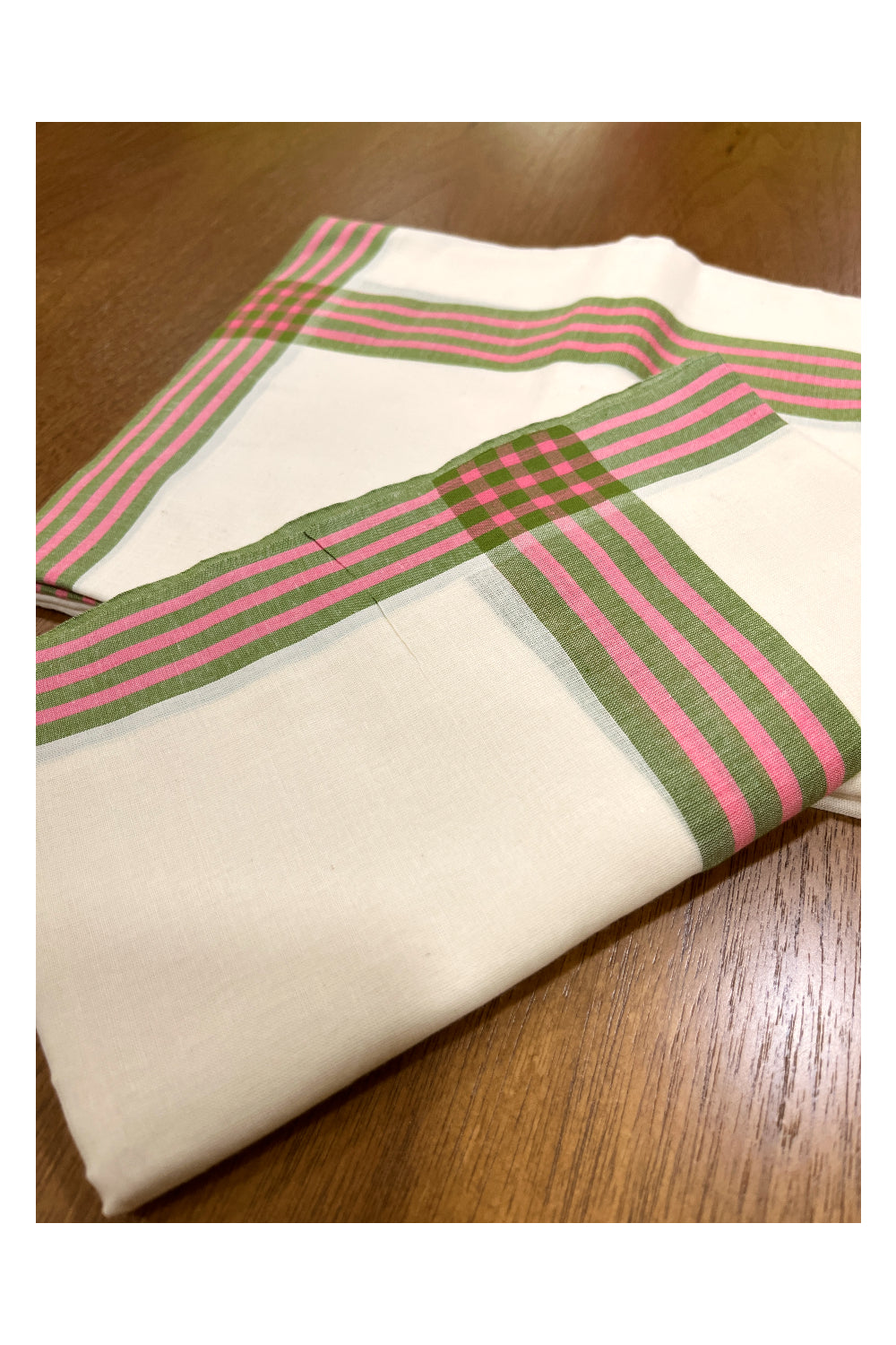 Kerala Cotton Mulloth Mundum Neriyathum Single (Set Mundu) with Green and Pink Border (Extra Soft Cotton)