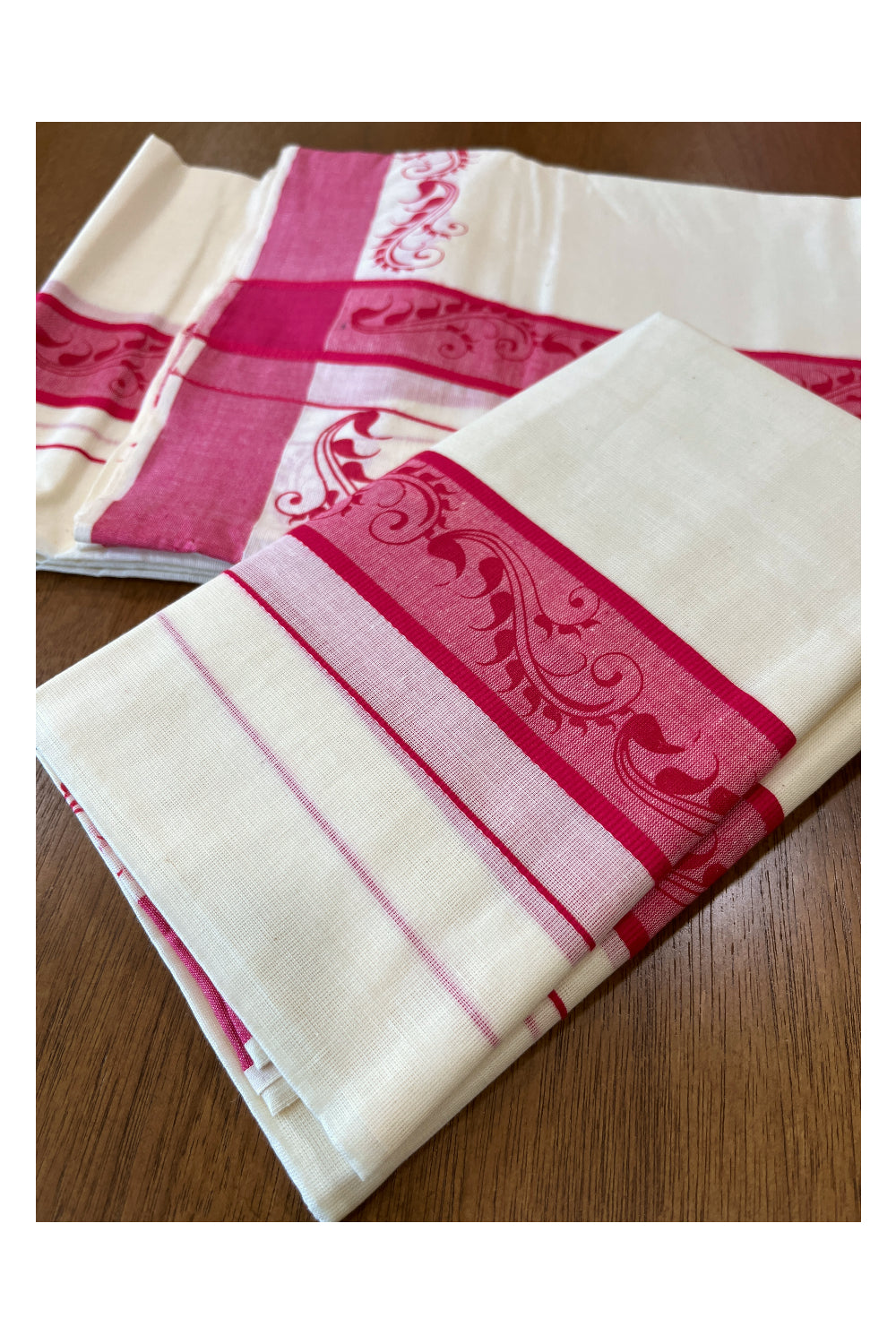 Cotton Single Set Mundu (Mundu Neriyathum) with Block Prints on Pink Border