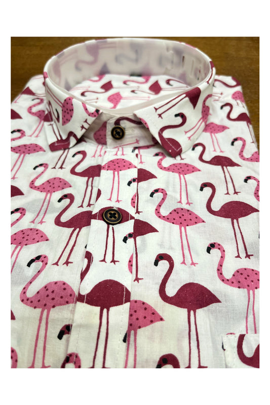 Southloom Jaipur Cotton White Hand Block Flamingo Printed Shirt (Half Sleeves)