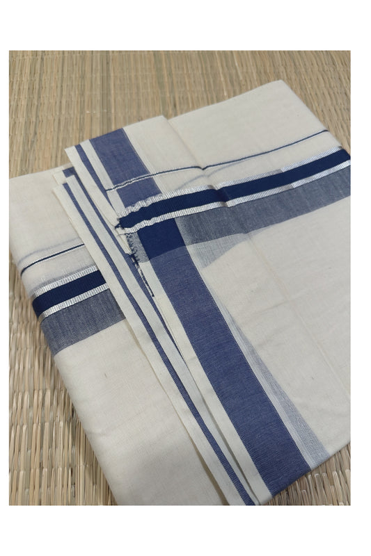 Off White Kerala Double Mundu with Silver Kasavu and Blue Kara (South Indian Kerala Dhoti)