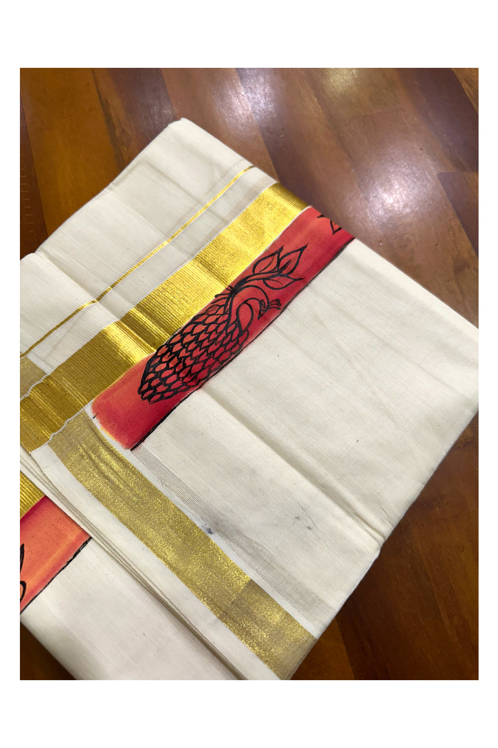 Kerala Pure Cotton Double Mundu with Hand Painted Designs on Kasavu Border(South Indian Kerala Dhoti)