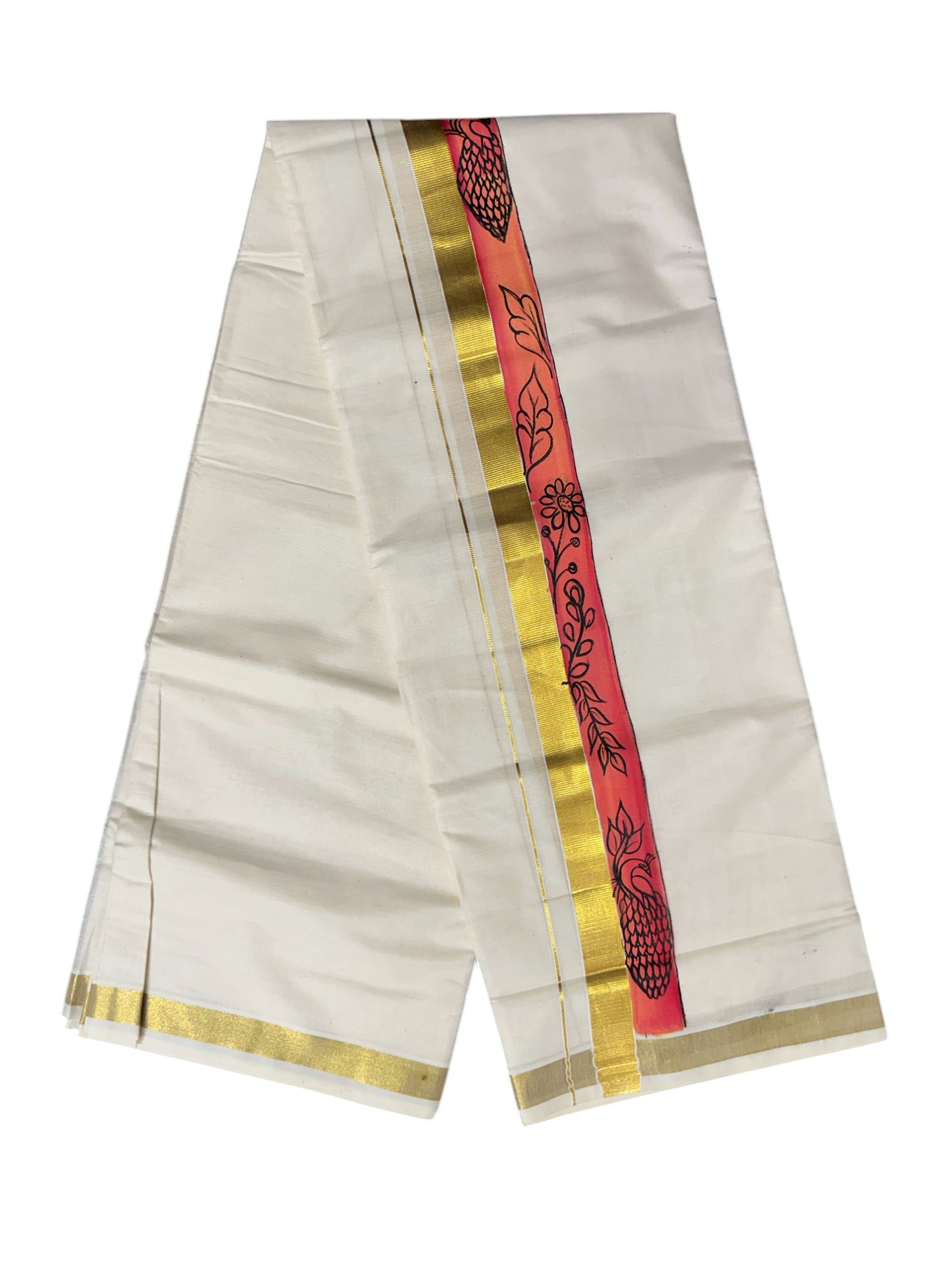 Kerala Pure Cotton Double Mundu with Hand Painted Designs on Kasavu Border(South Indian Kerala Dhoti)