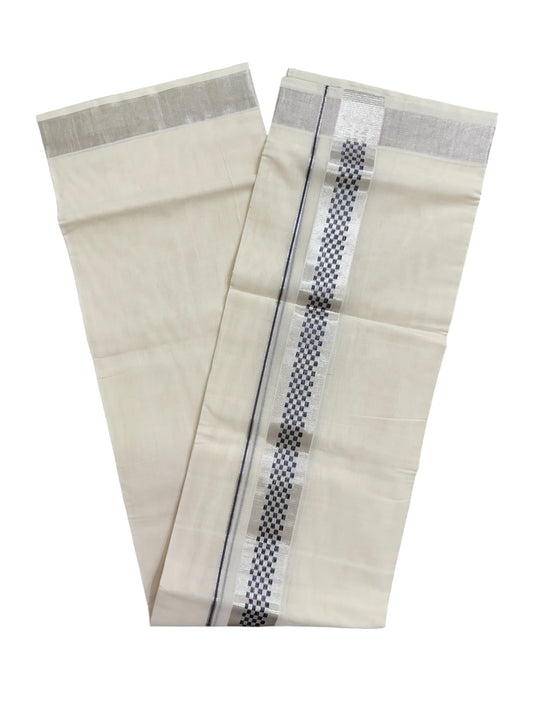 Premium Balaramapuram Handloom Unakkupaavu Cotton Double Mundu with Silver Kasavu and Blue Paa Neythu Border