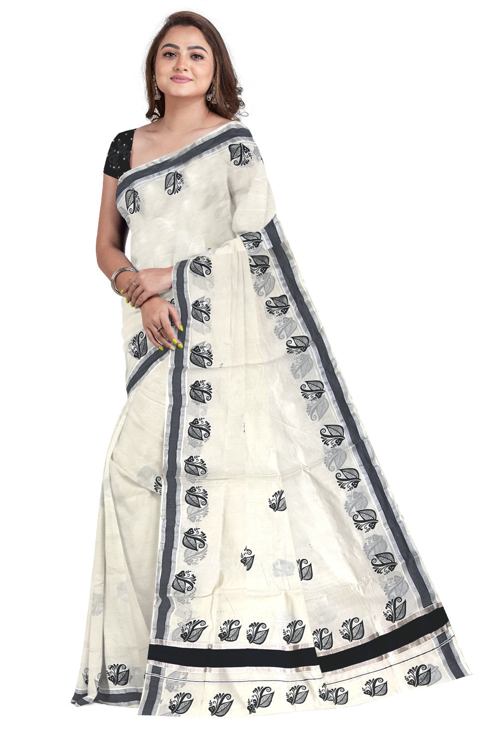 Pure Cotton Off White Kerala Saree with Black Floral Block Printed Silver Border (Onam Saree 2023)