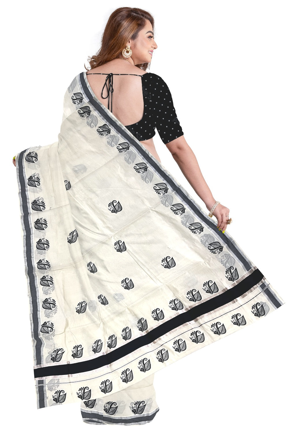 Pure Cotton Off White Kerala Saree with Black Floral Block Printed Silver Border (Onam Saree 2023)