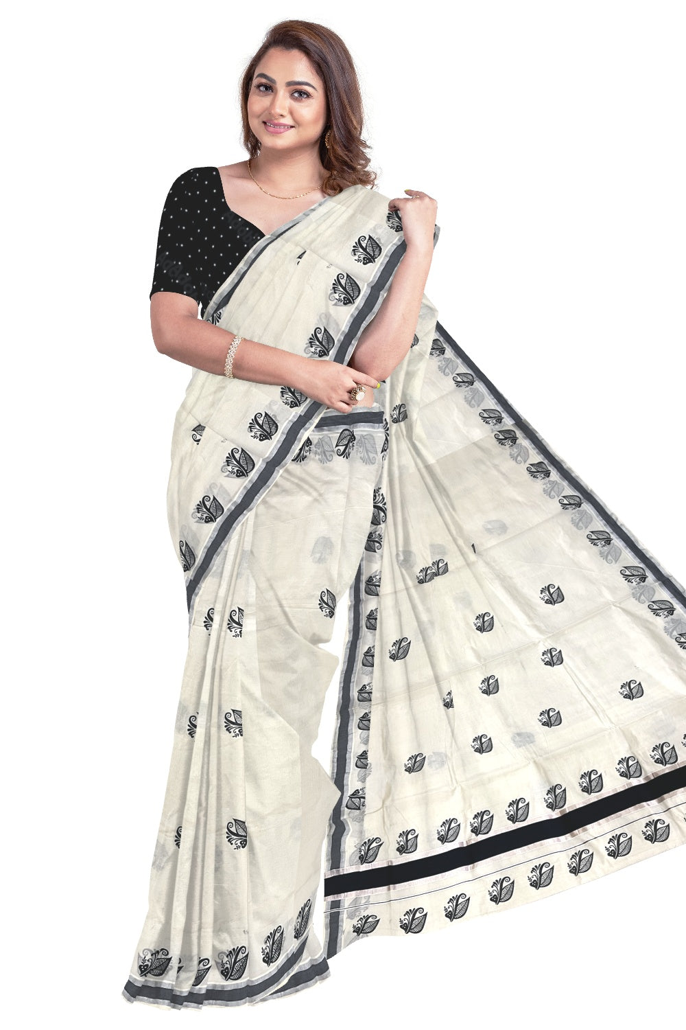 Pure Cotton Off White Kerala Saree with Black Floral Block Printed Silver Border (Onam Saree 2023)