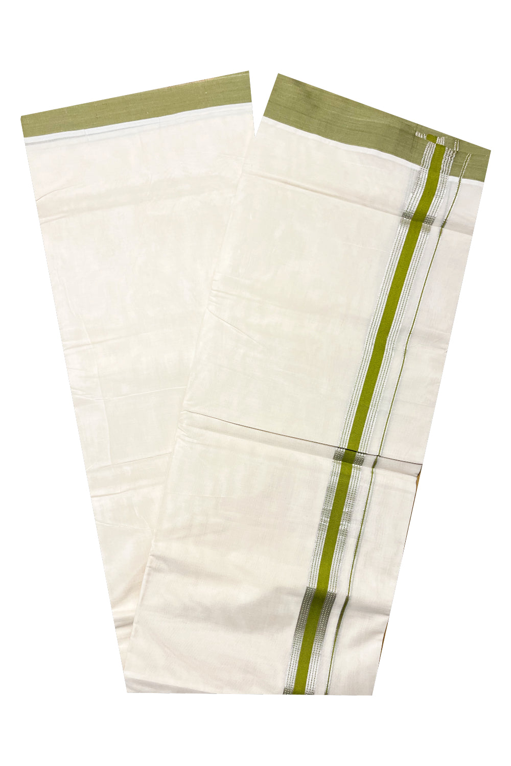 Pure Cotton Off White Double Mundu with Silver Kasavu and Green Border (South Indian Kerala Dhoti)