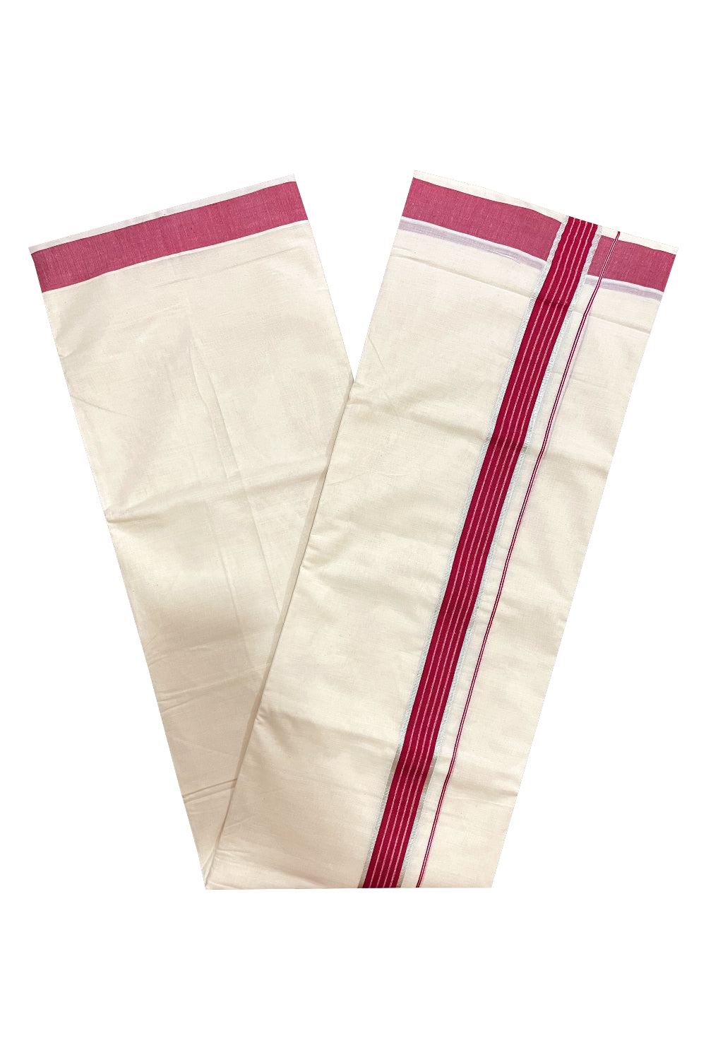 Kerala Cotton Double Mundu with Maroon and Silver Kasavu Line Border (Onam Mundu 2023)