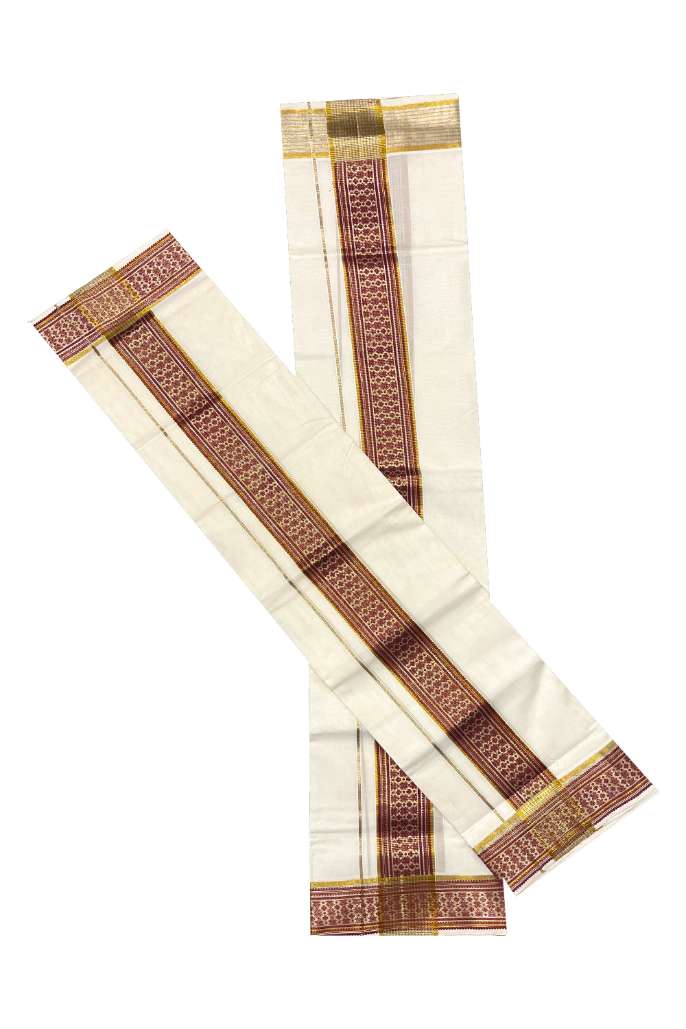 Kerala Pure Cotton Set Mundu Single (Mundum Neriyathum) with Maroon Block Prints on Kasavu and Silver Border 2.80Mtrs(Onam 2024 Collection)