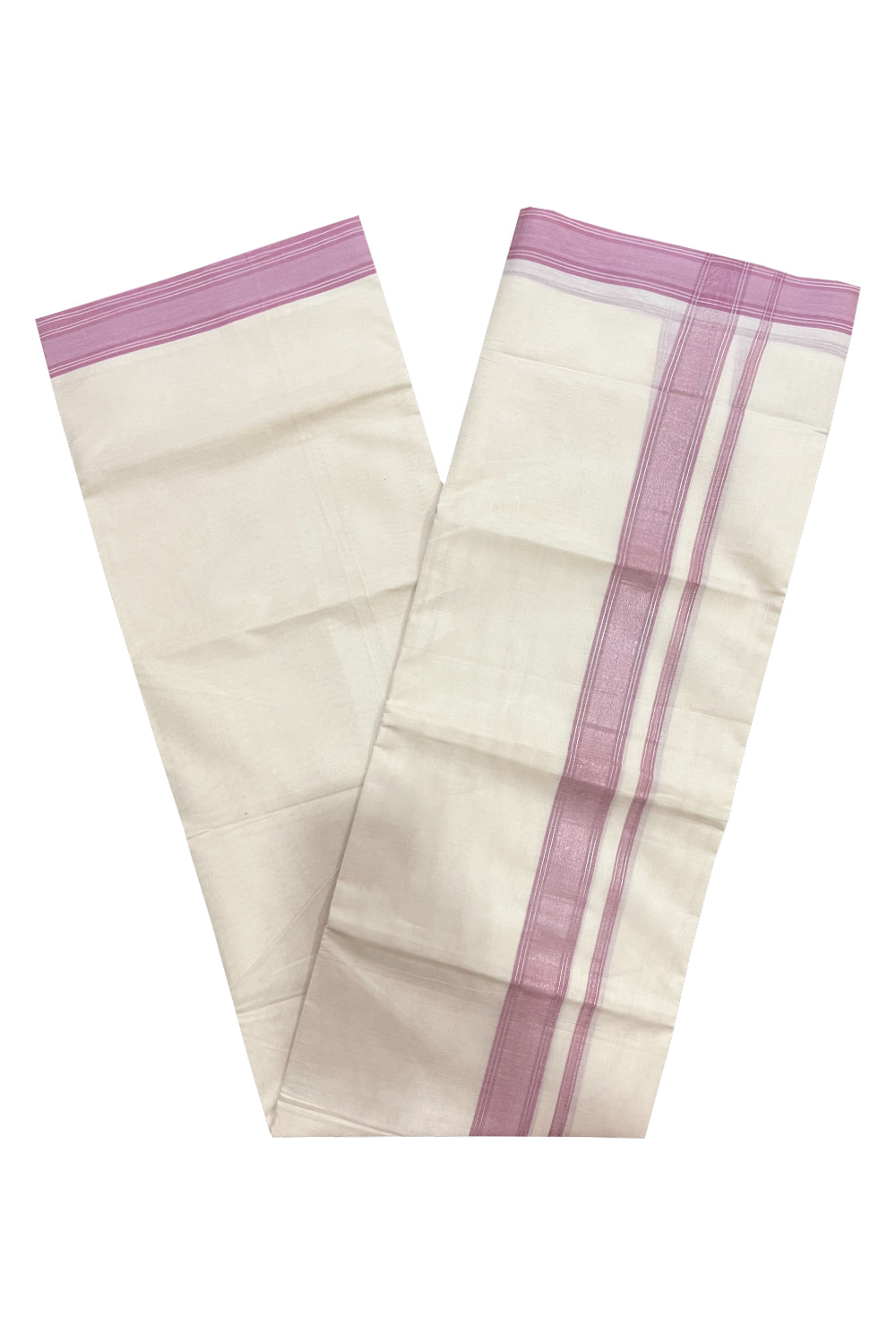 Pure Cotton 100x100 Double Mundu with Pink and Silver Kasavu Line Border (Onam Mundu 2023)