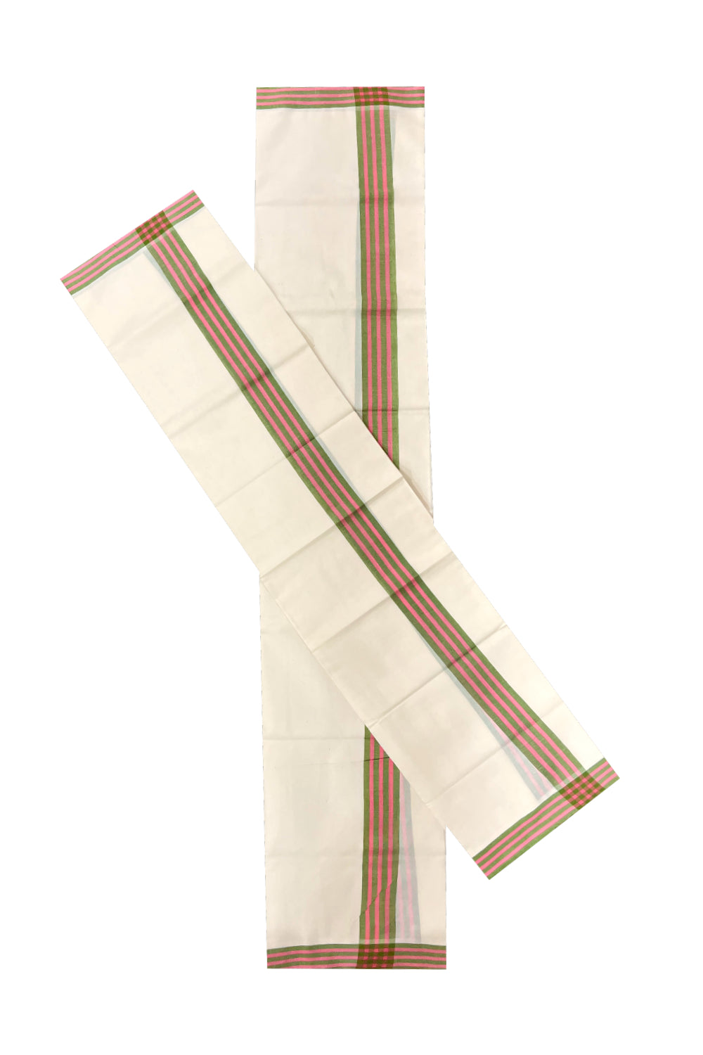 Kerala Cotton Mulloth Mundum Neriyathum Single (Set Mundu) with Green and Pink Border (Extra Soft Cotton)