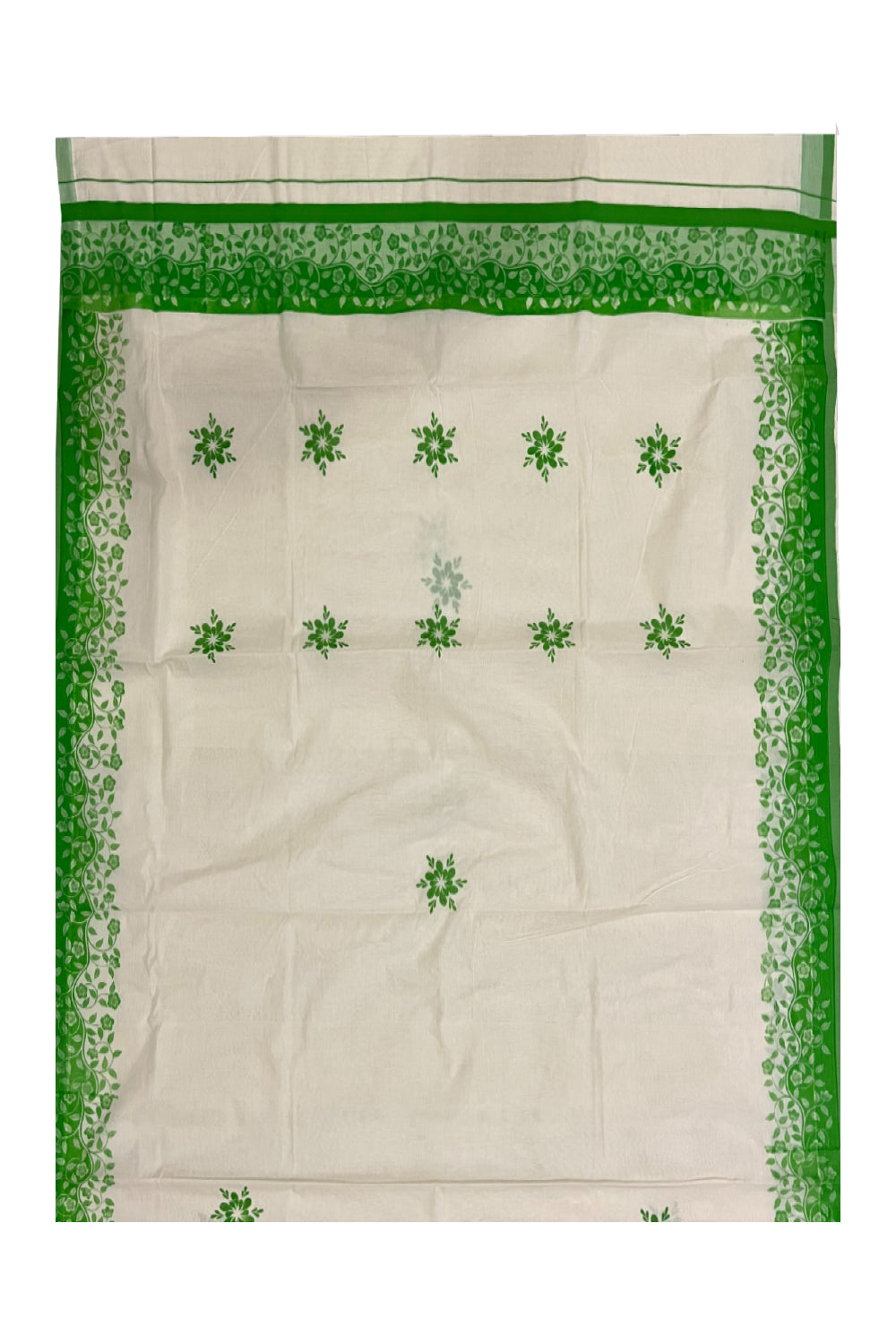 Kerala Cotton Saree with Light Green Floral Block Prints on Border (Onam Saree 2023)