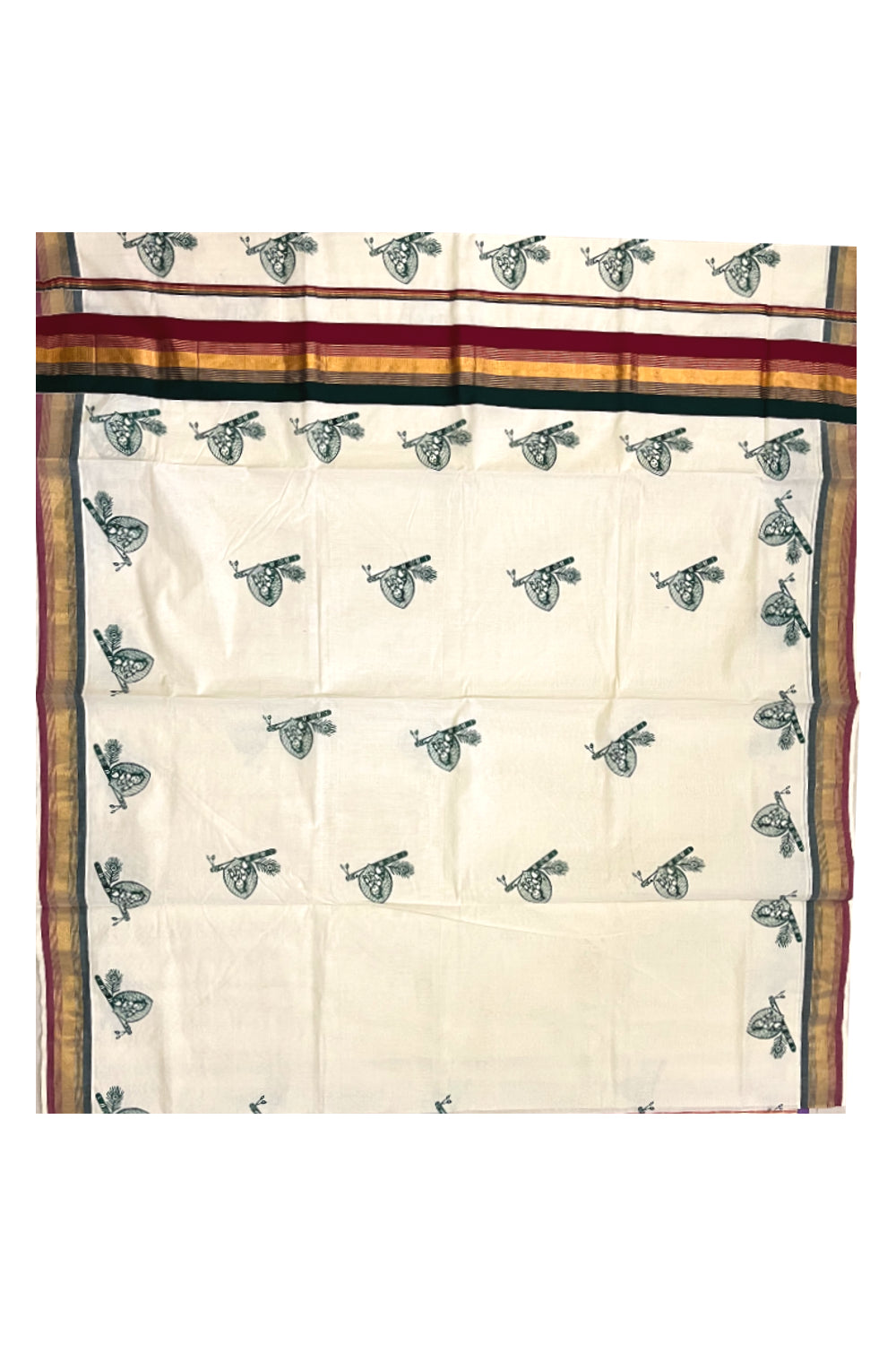 Pure Cotton Kerala Kasavu Saree with Krishna Block Printed Maroon Green Border