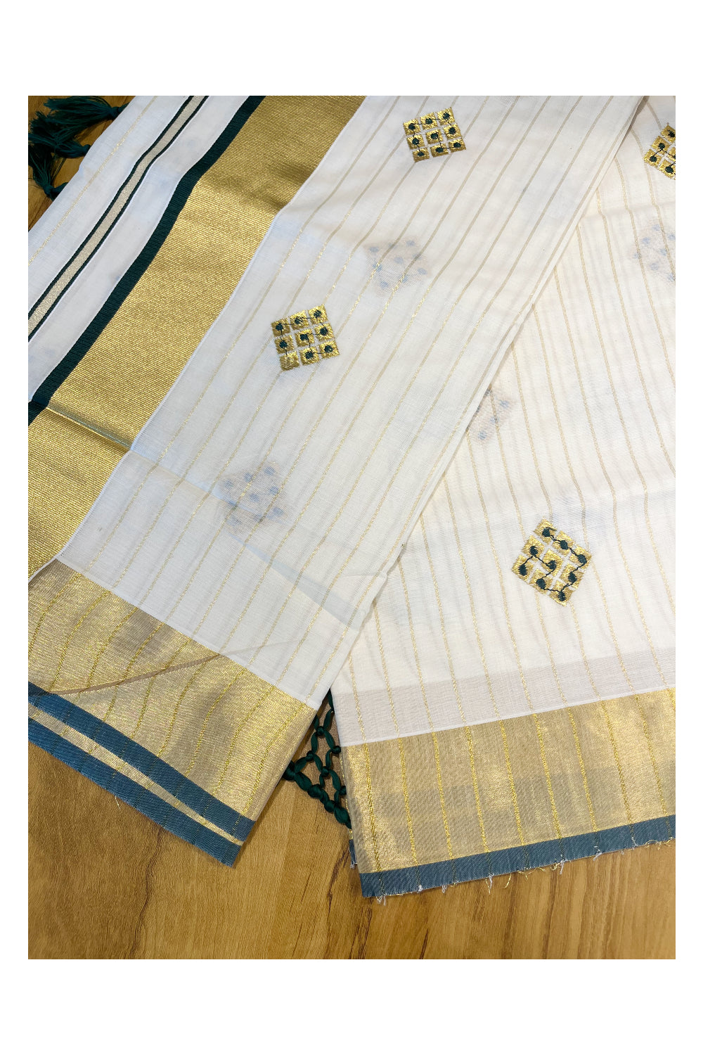 Kerala Cotton Kasavu Stripes Saree with Green Floral Embroidery Design on Body