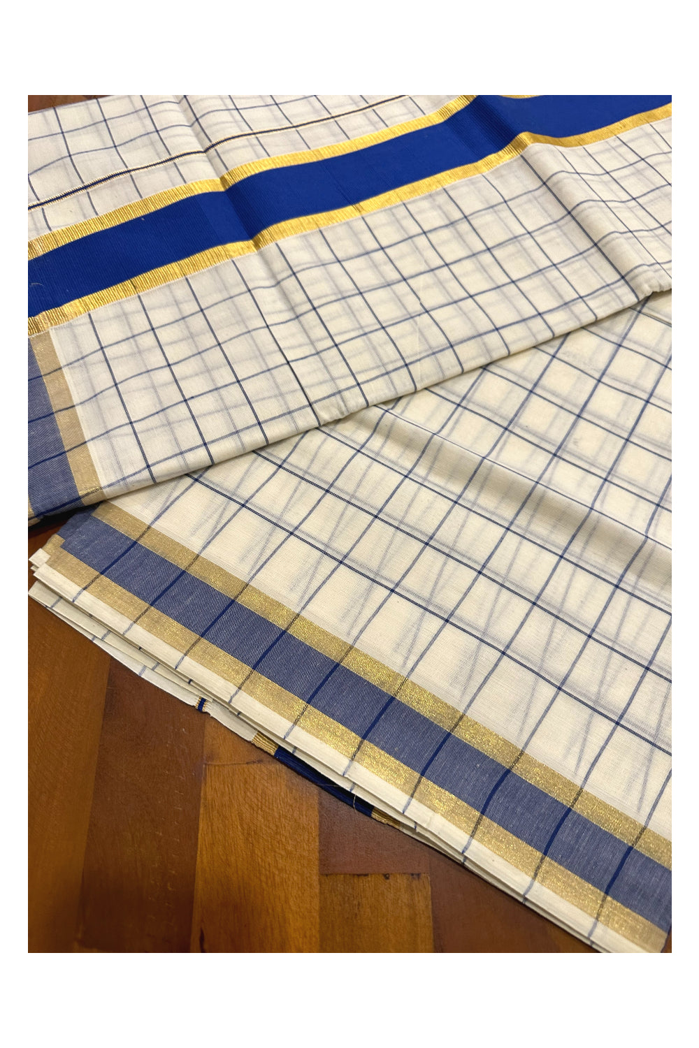 Kerala Woven Check Design Saree with Kasavu and Blue Border