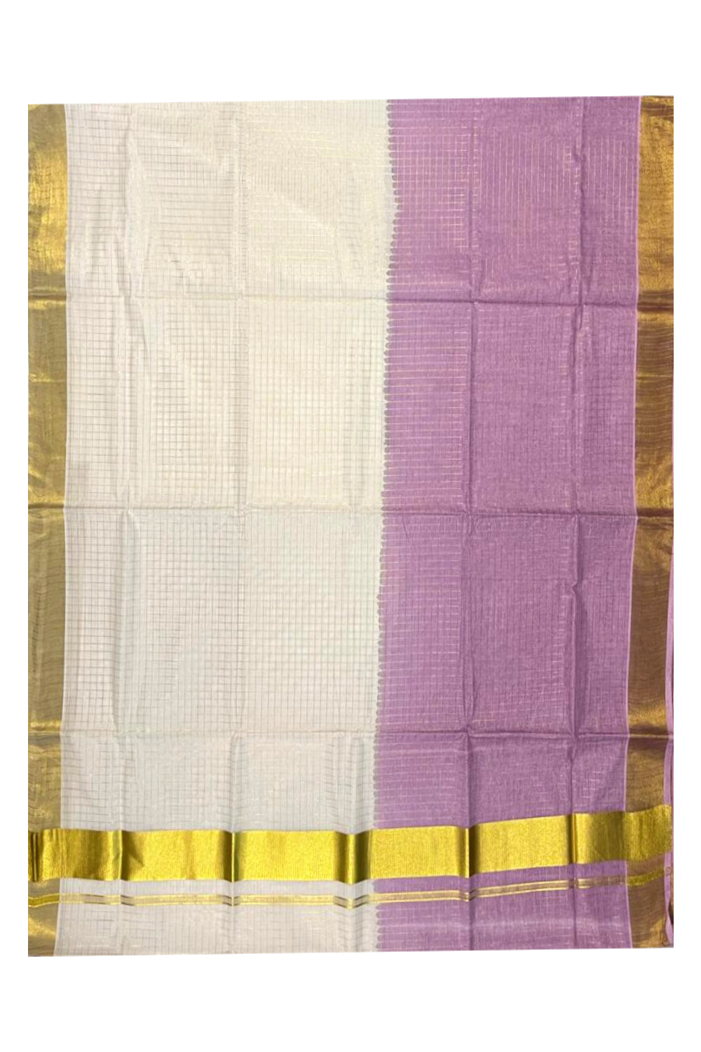 Southloom Cotton Tie & Dye - Half & Half Lavender Design Saree with Kasavu Checks Across Body