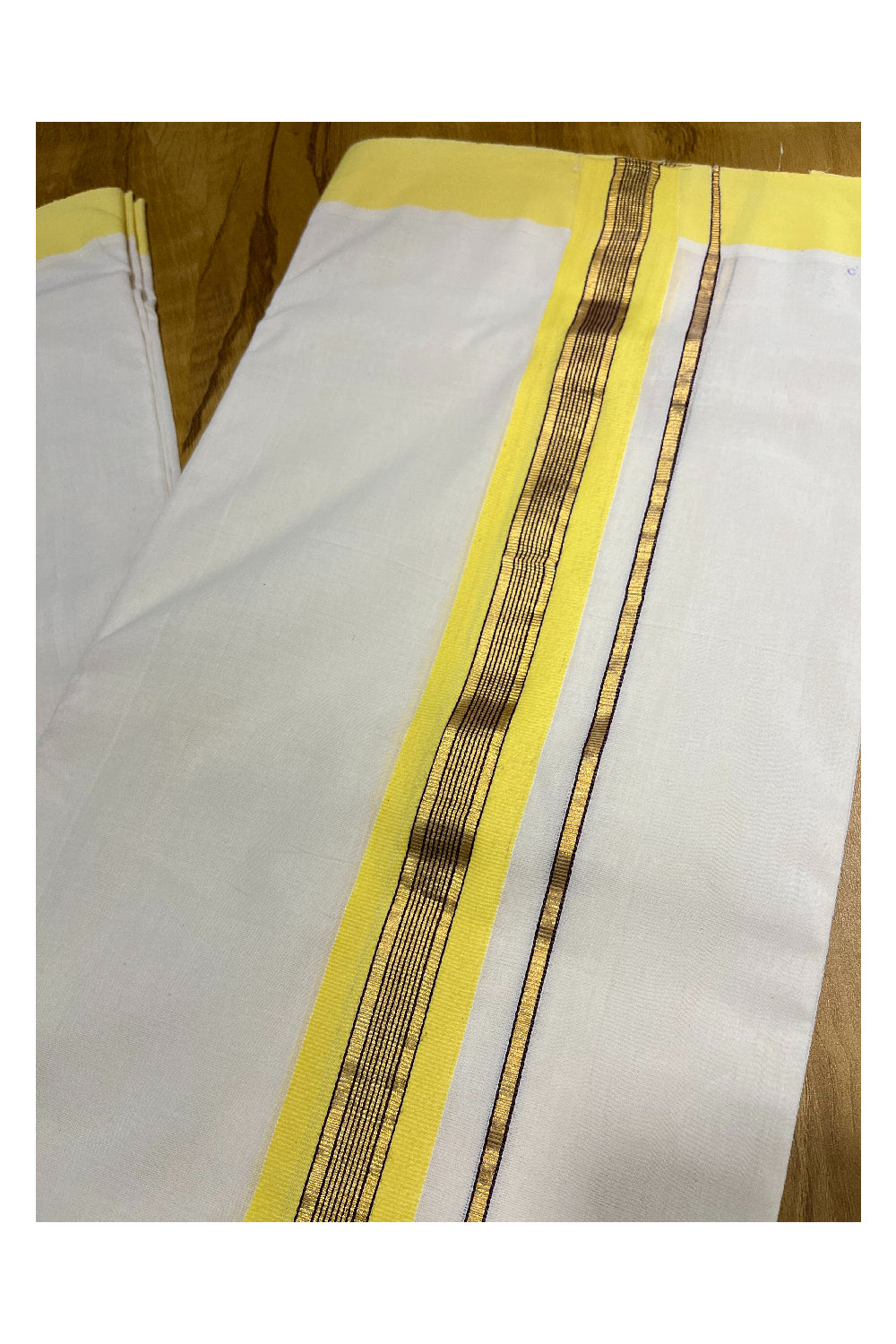 Premium Balaramapuram Handloom Unakkupaavu 1 inch Double Mundu with Kasavu and Yellow Kara