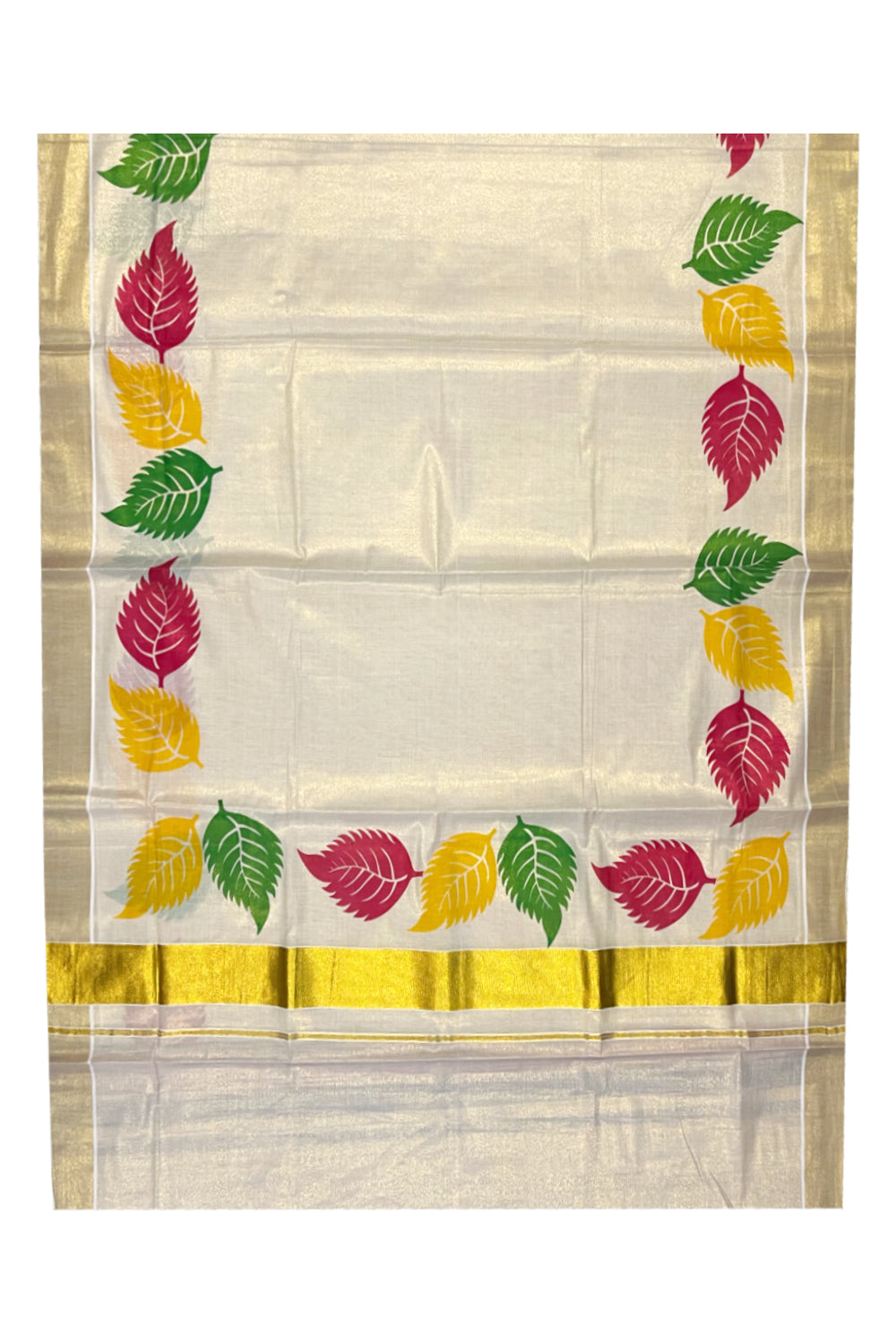 Kerala Tissue Saree with Vibrant Colour Big Leaf Designs on Border