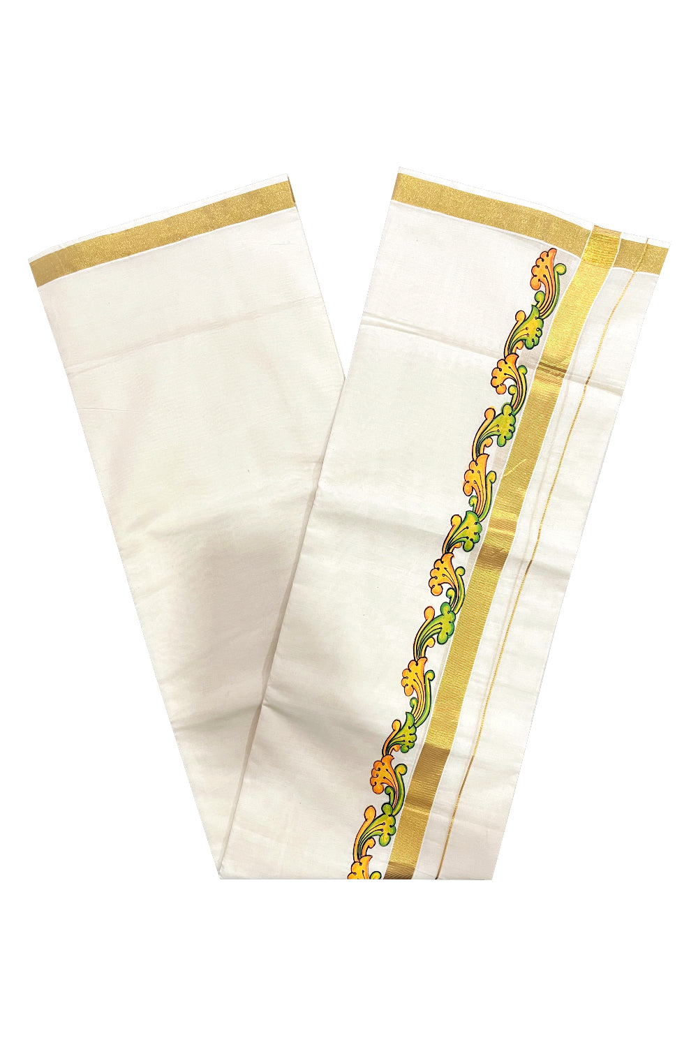 Kerala Pure Cotton Double Mundu with Mural Painted Design on Kasavu Border (South Indian Kerala Dhoti)