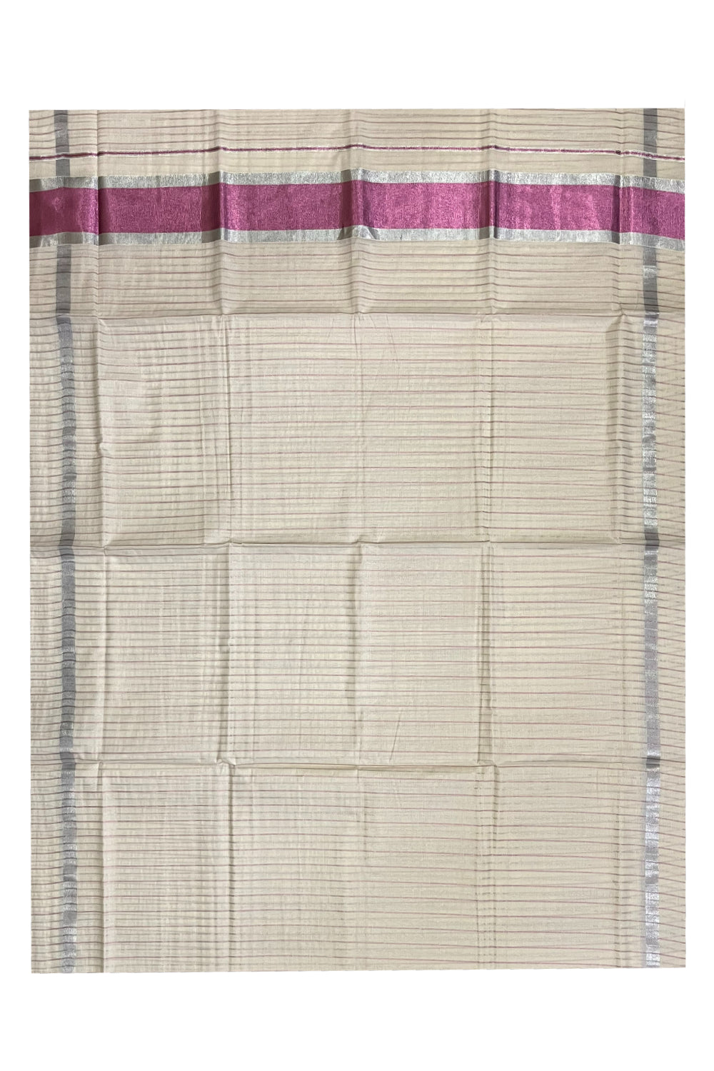 Pure Cotton Kerala Saree with Silver and Pink Kasavu Lines Across Body