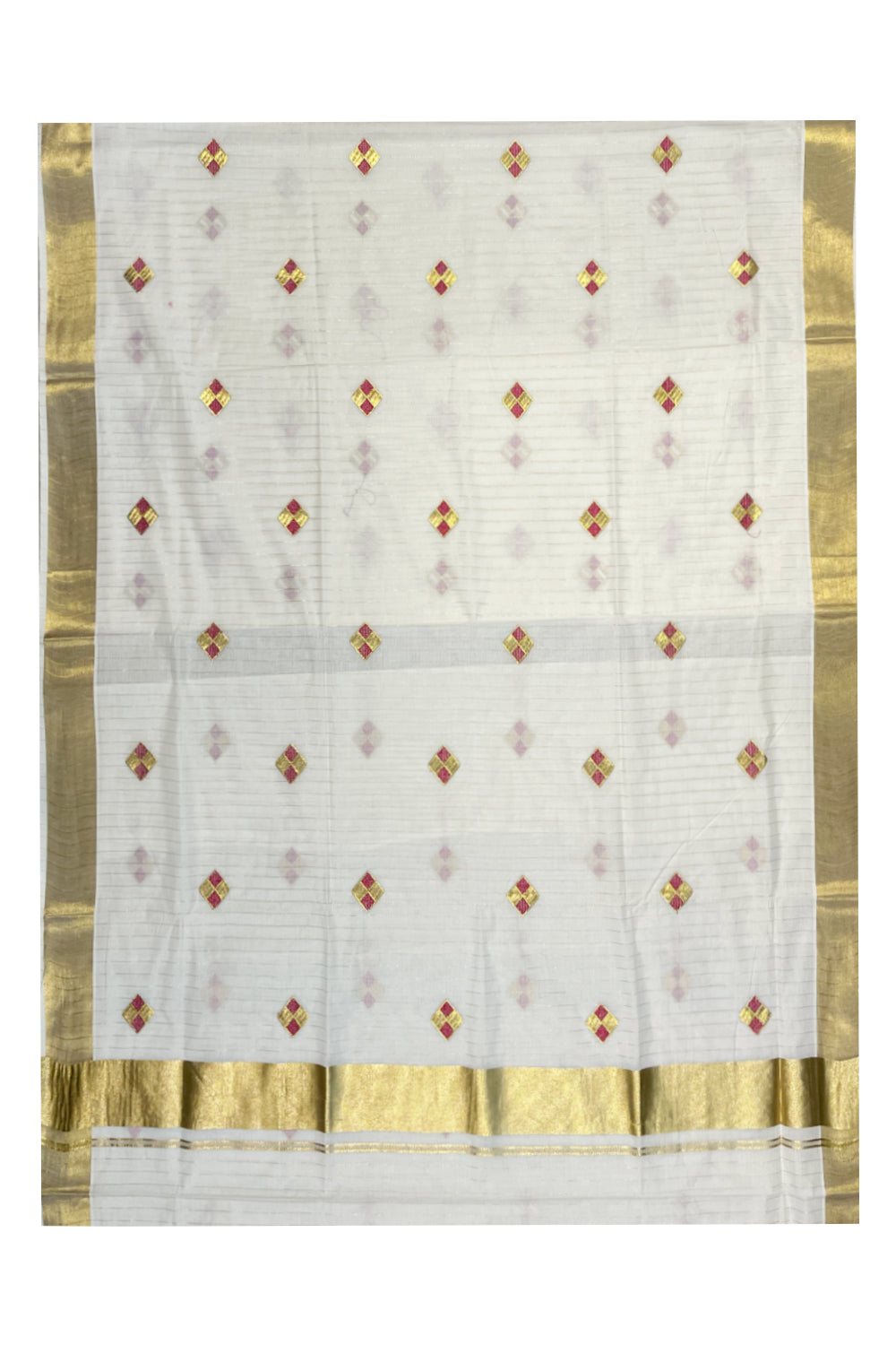 Kerala Cotton Kasavu Lines Saree with Pink and Golden Diagonal Embroidery Work