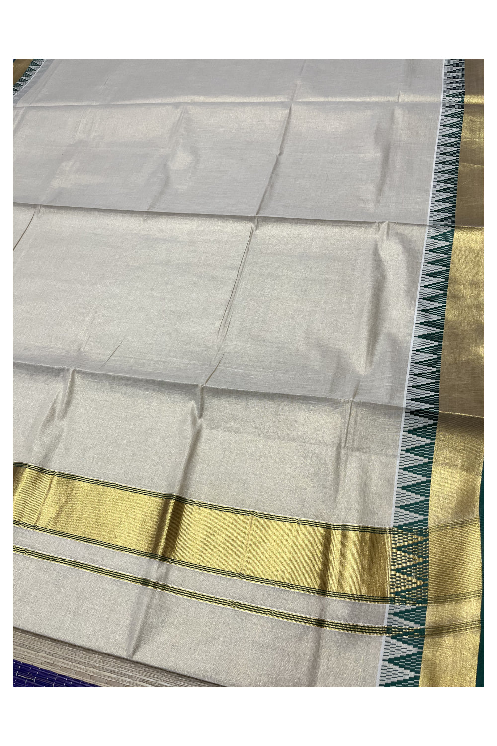 Kerala Tissue Saree with Kasavu and Green Temple Woven Designs on Border (Vishu 2024 Collection)