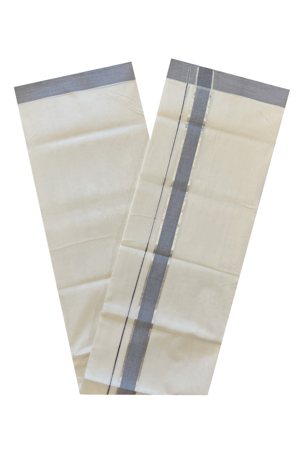 Southloom Premium Handloom Cotton Double Mundu with Silver Kasavu And Blue Lines Border