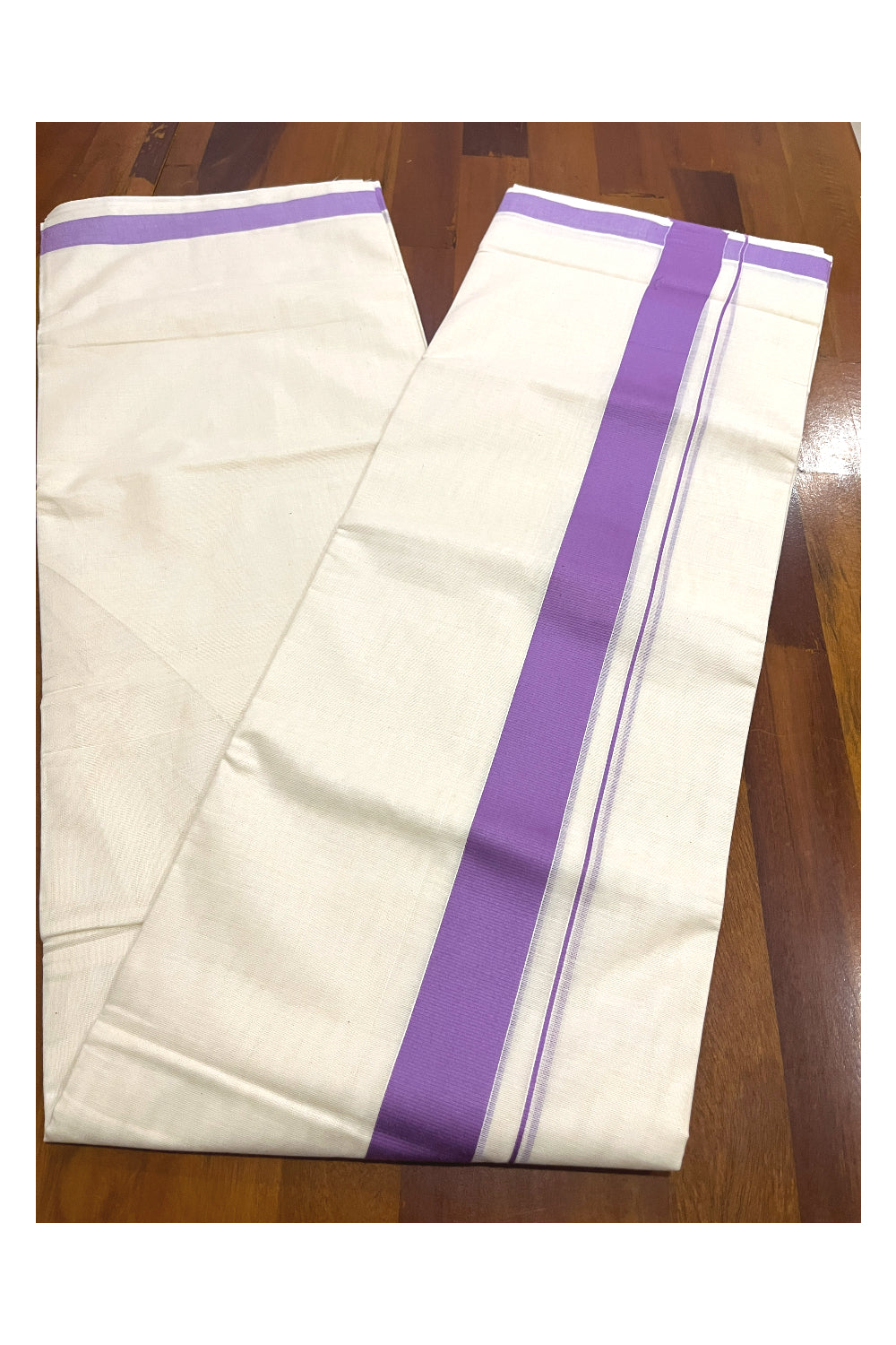 Off White Kerala Double Mundu with Violet Kara (South Indian Kerala Dhoti)