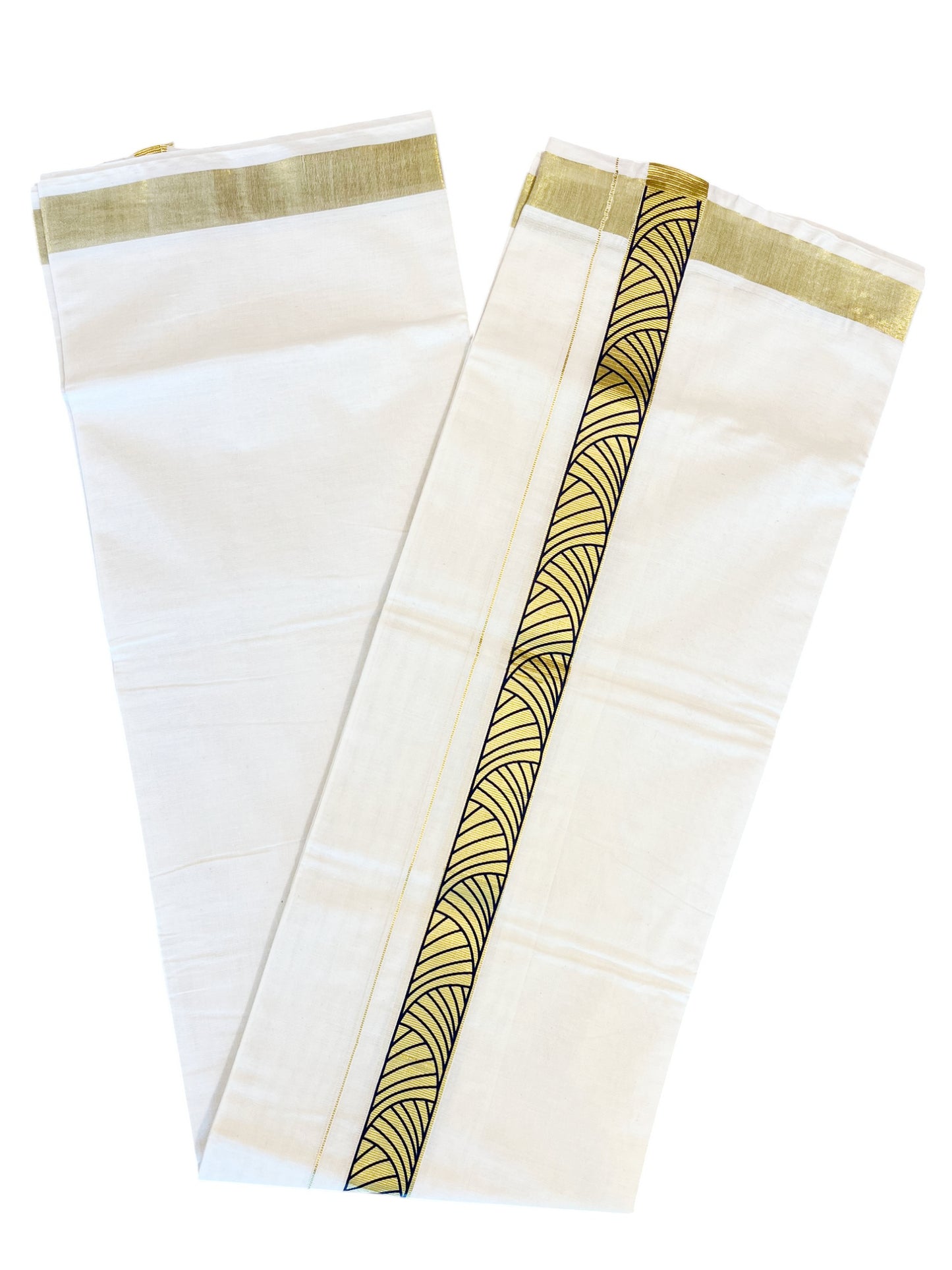 Southloom Kasavu Double Mundu with Blue Prints Along Kasavu Kara