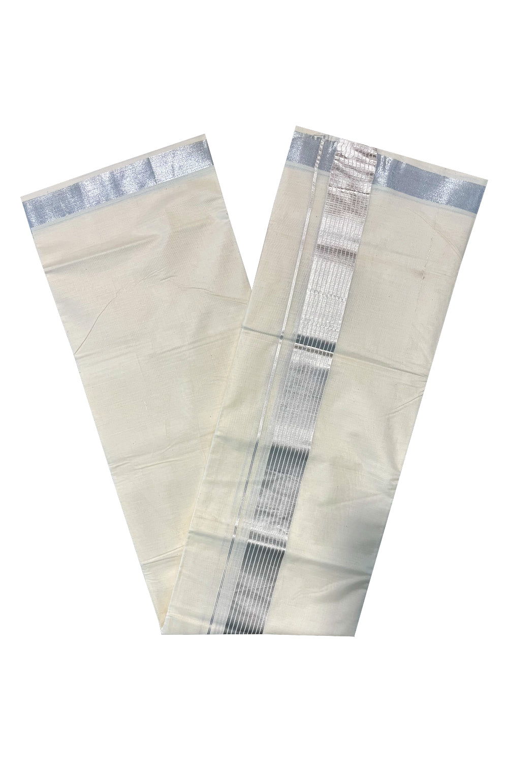 Pure Cotton Off White Mundu with 2 Inch Silver Kasavu Lines Kara (South Indian Kerala Dhoti)