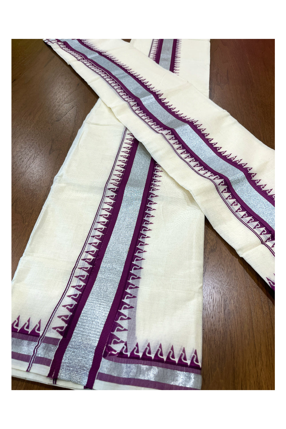 Cotton Single Set Mundu (Mundu Neriyathum) with Magenta Temple Block Prints and Silver Kasavu Border