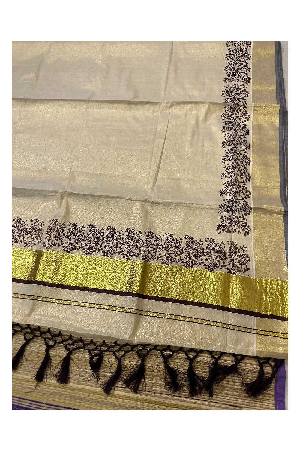 Kerala Tissue Kasavu Saree with Brown Paisley Block Prints and Tassels Works on Pallu (Onam Saree 2023)