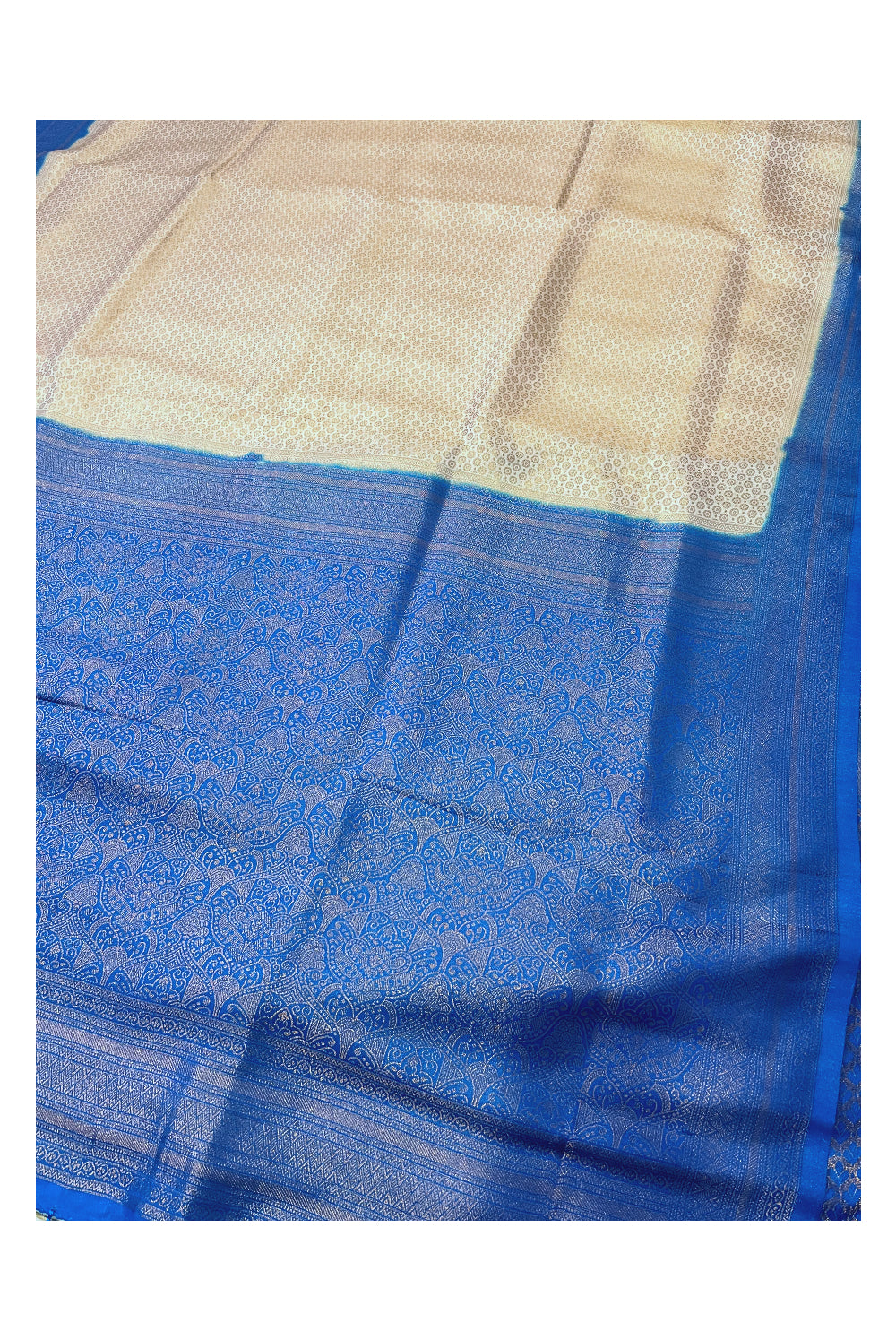 Southloom Soft Silk Beige Designer Saree with Blue Border