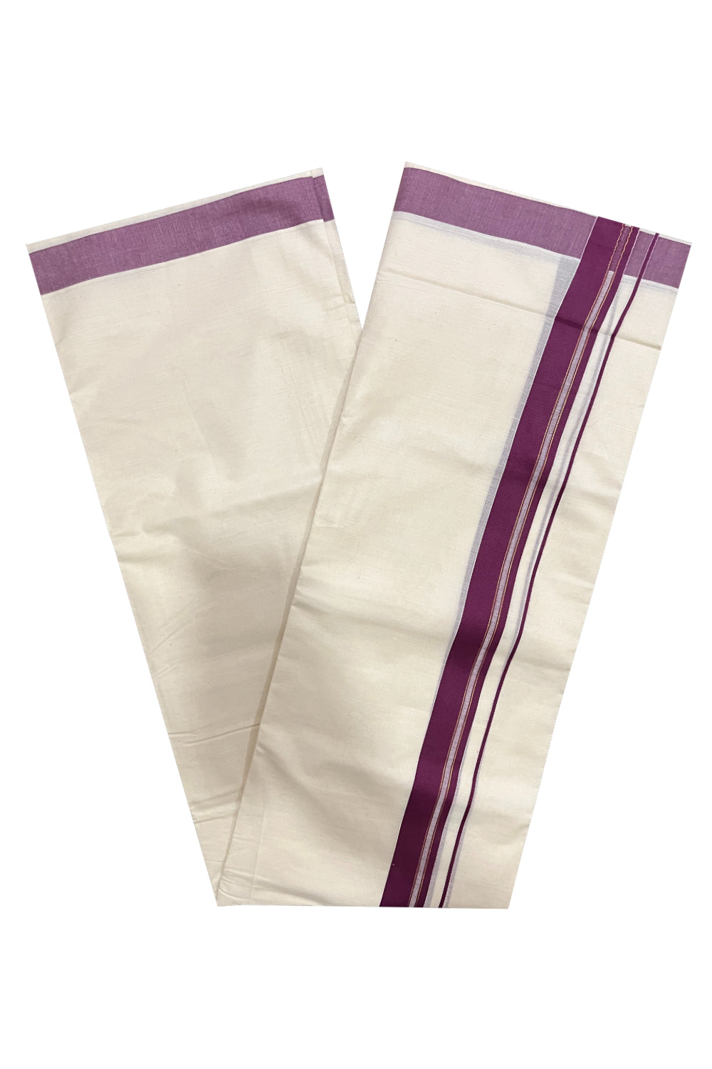 Pure Cotton Kerala Double Mundu with Purple and Kasavu Line Kara (South Indian Kerala Dhoti)