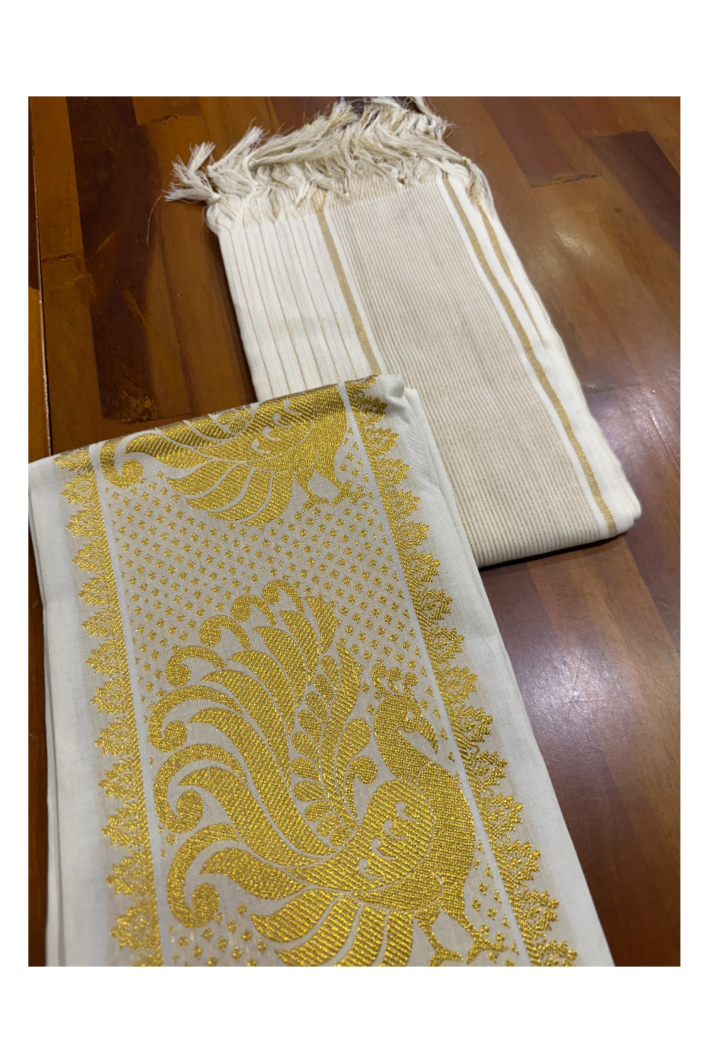 Kerala Cotton Churidar Salwar Material with Kasavu Peacock Woven Design (include Lines Shawl / Dupatta)