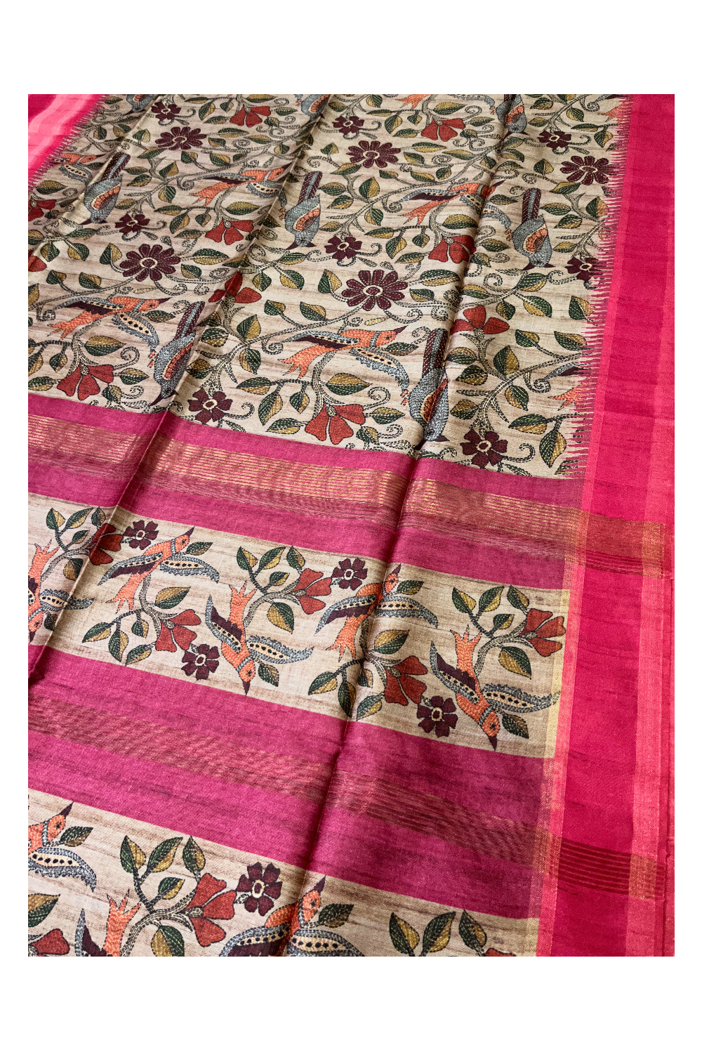 Southloom Semi Tussar Bird Floral Woven Grey Designer Saree with Pink Border