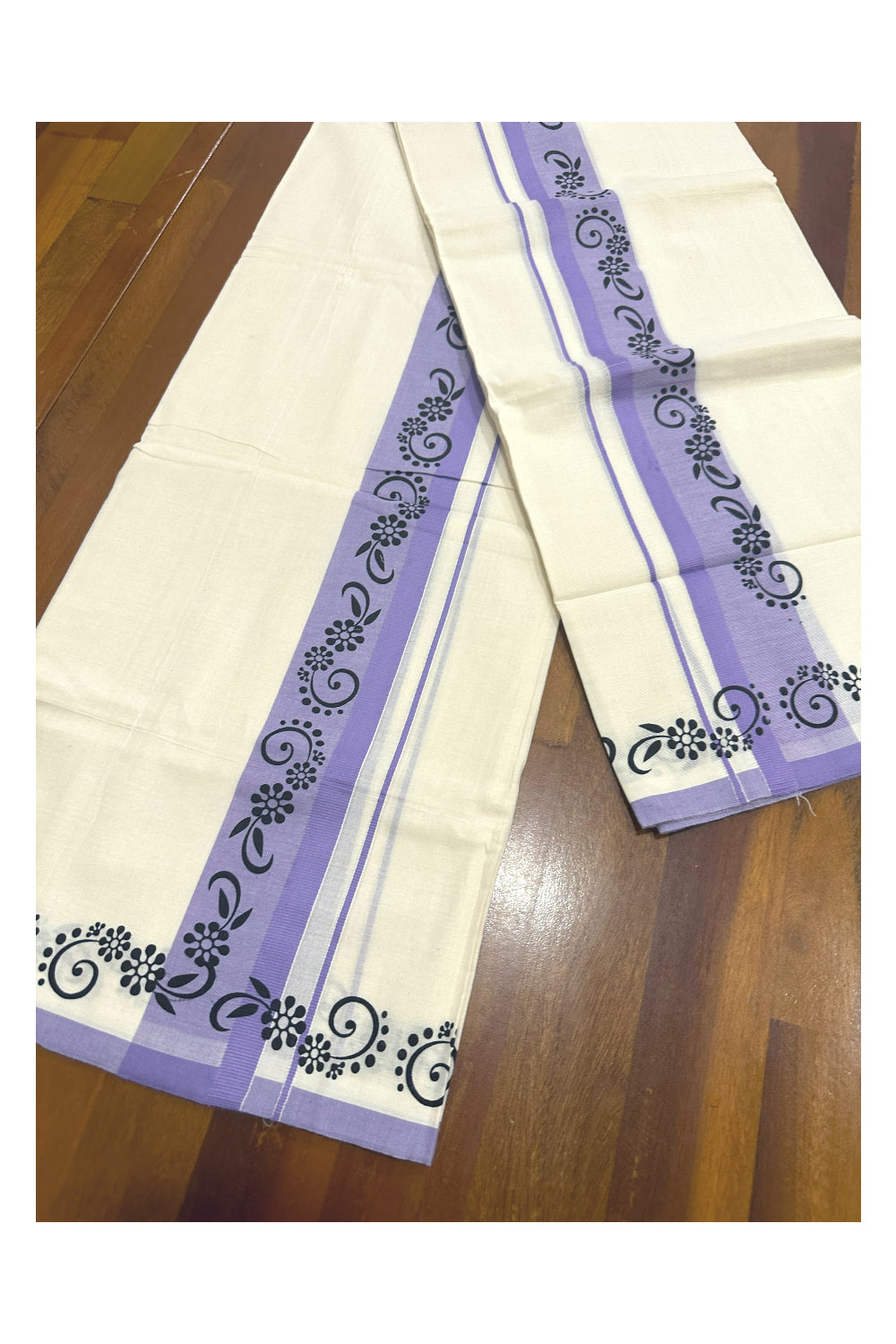 Kerala Cotton Set Mundu (Mundum Neriyathum) with Block Prints on Violet Border (Onam Set Mundu 2023)