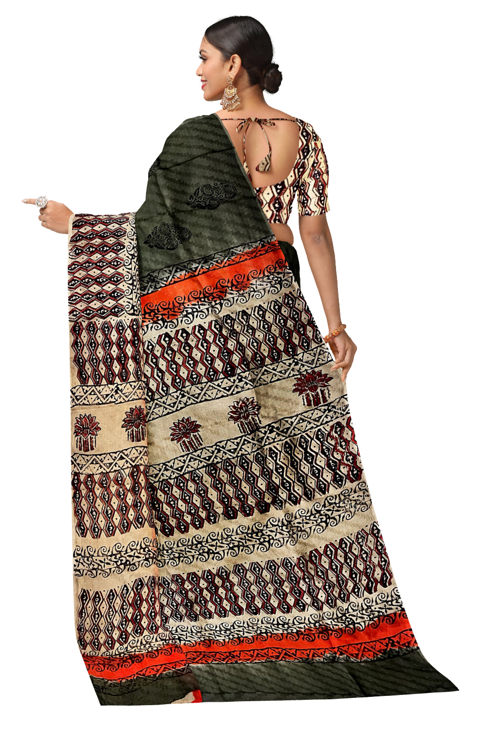 Southloom Green Crepe Fabric Saree with Brown Printed Blouse Piece