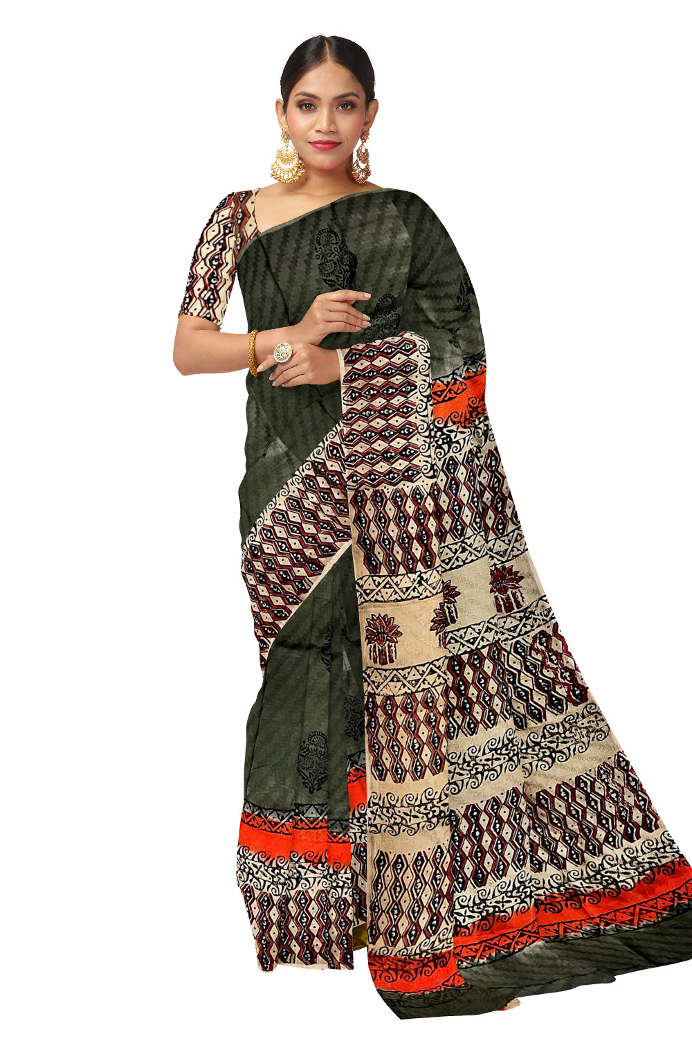 Southloom Green Crepe Fabric Saree with Brown Printed Blouse Piece