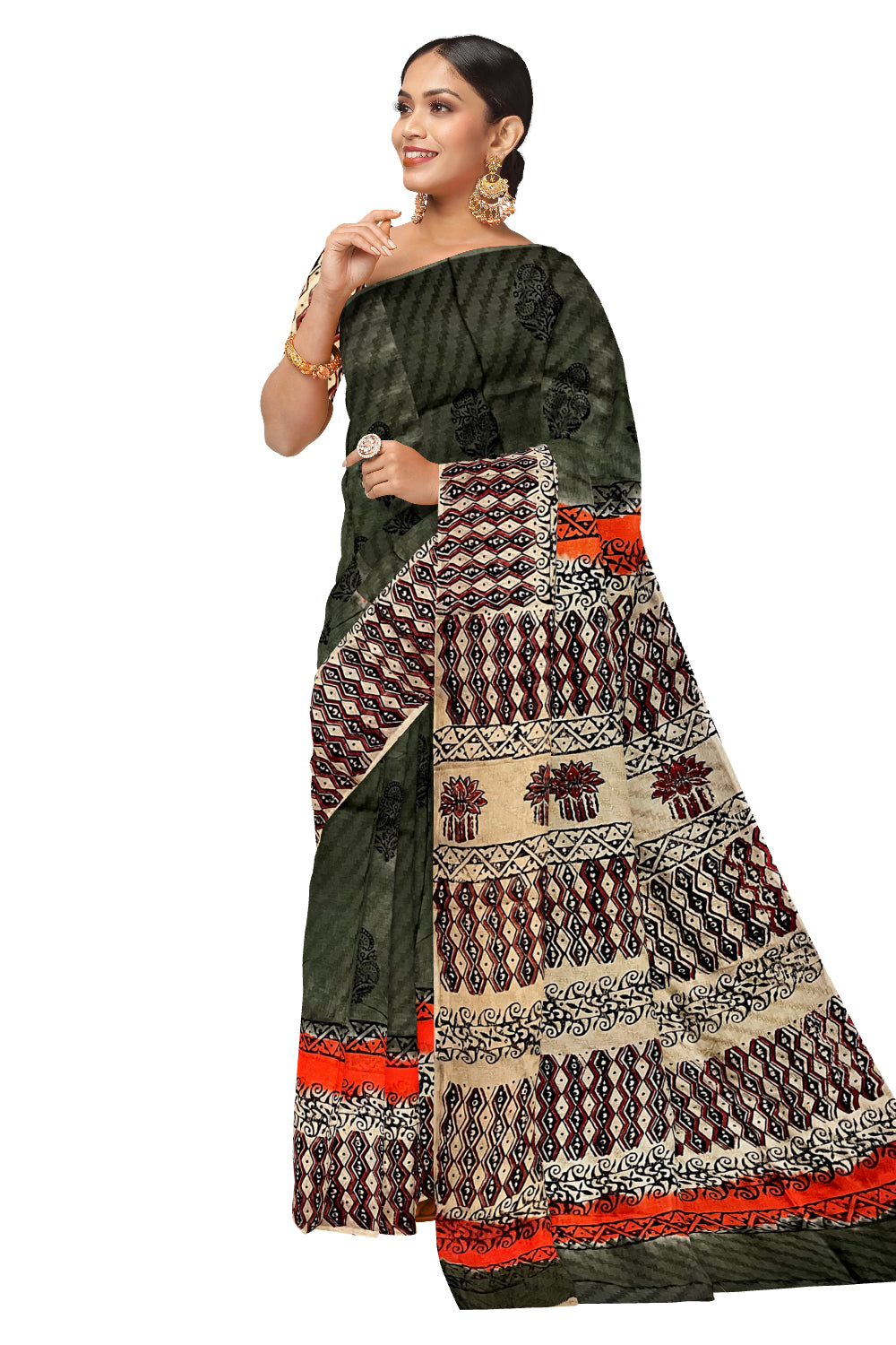 Southloom Green Crepe Fabric Saree with Brown Printed Blouse Piece