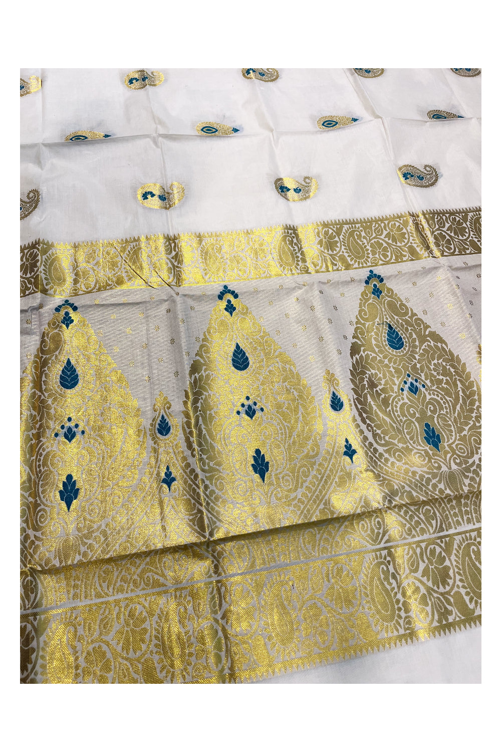 Kerala Cotton Kasavu Saree With Peacock Green and Golden Paisley Woven Works On Body