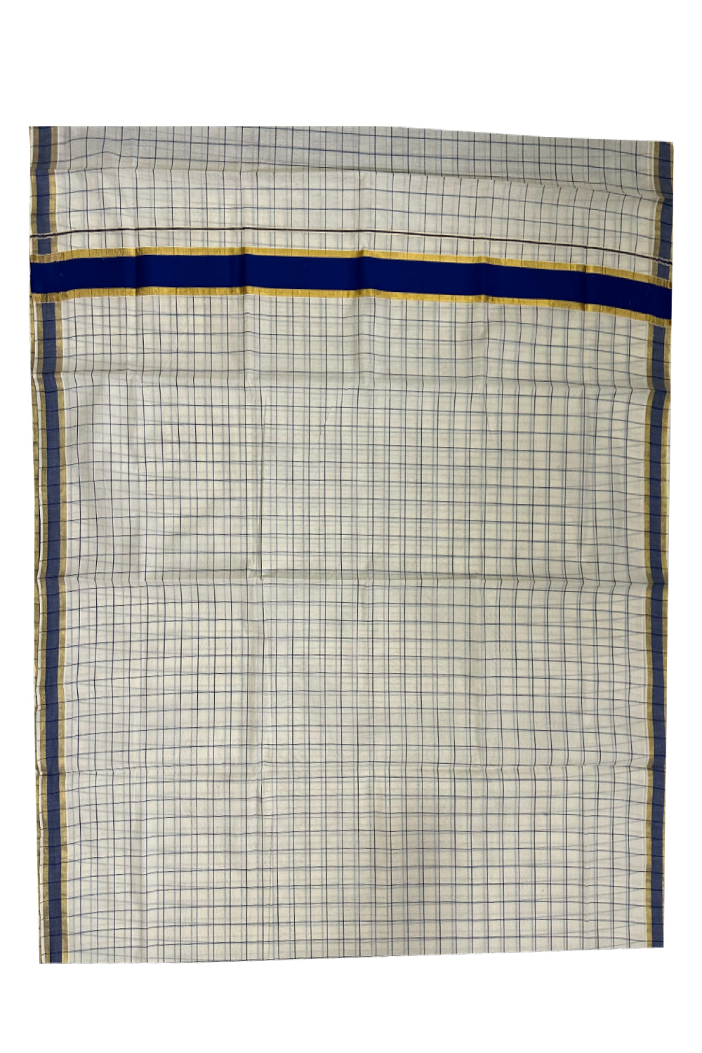 Kerala Woven Check Design Saree with Kasavu and Blue Border