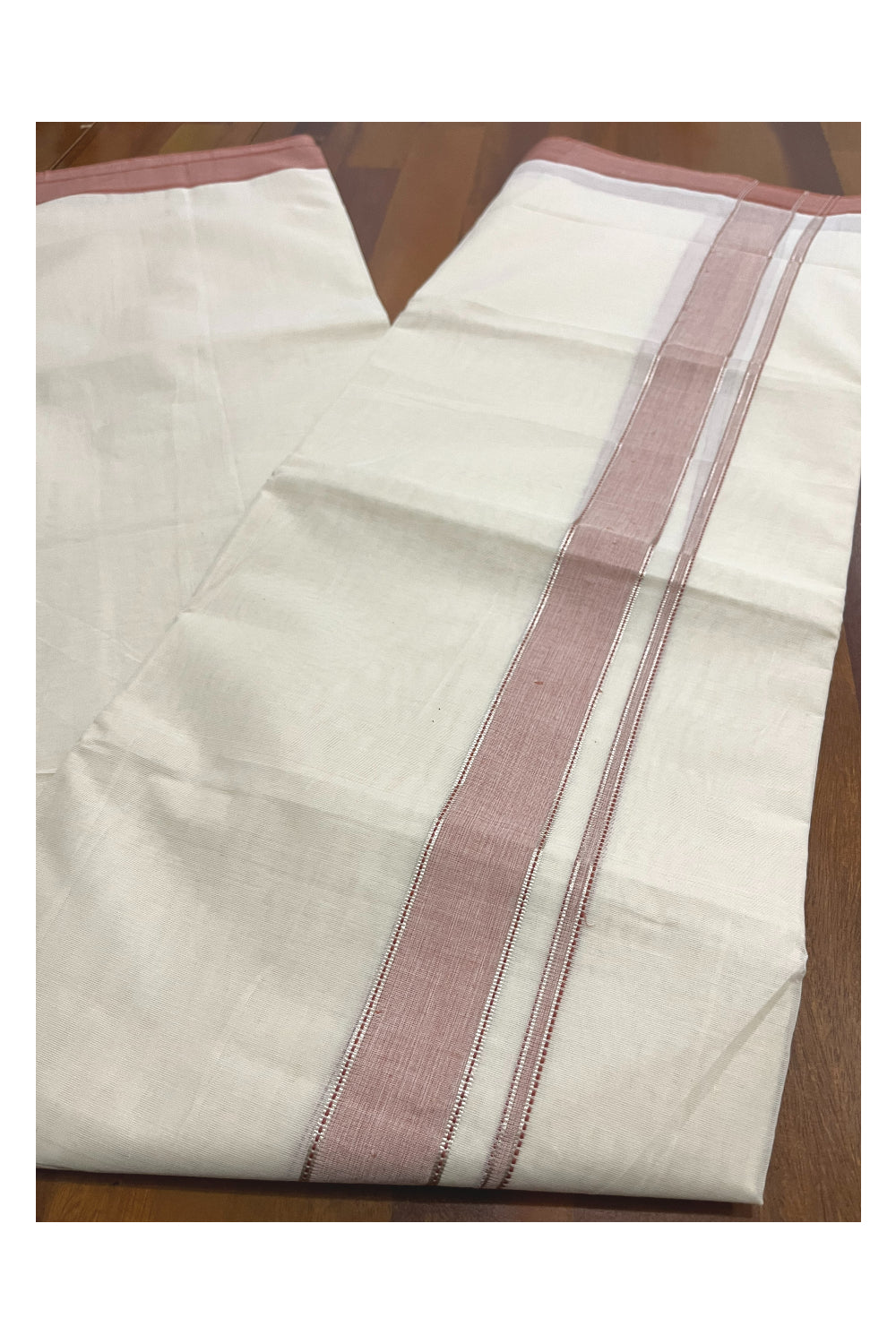 Pure Cotton 100x100 Double Mundu with Silver Kasavu and Brick Red Kara (Onam Mundu 2023)