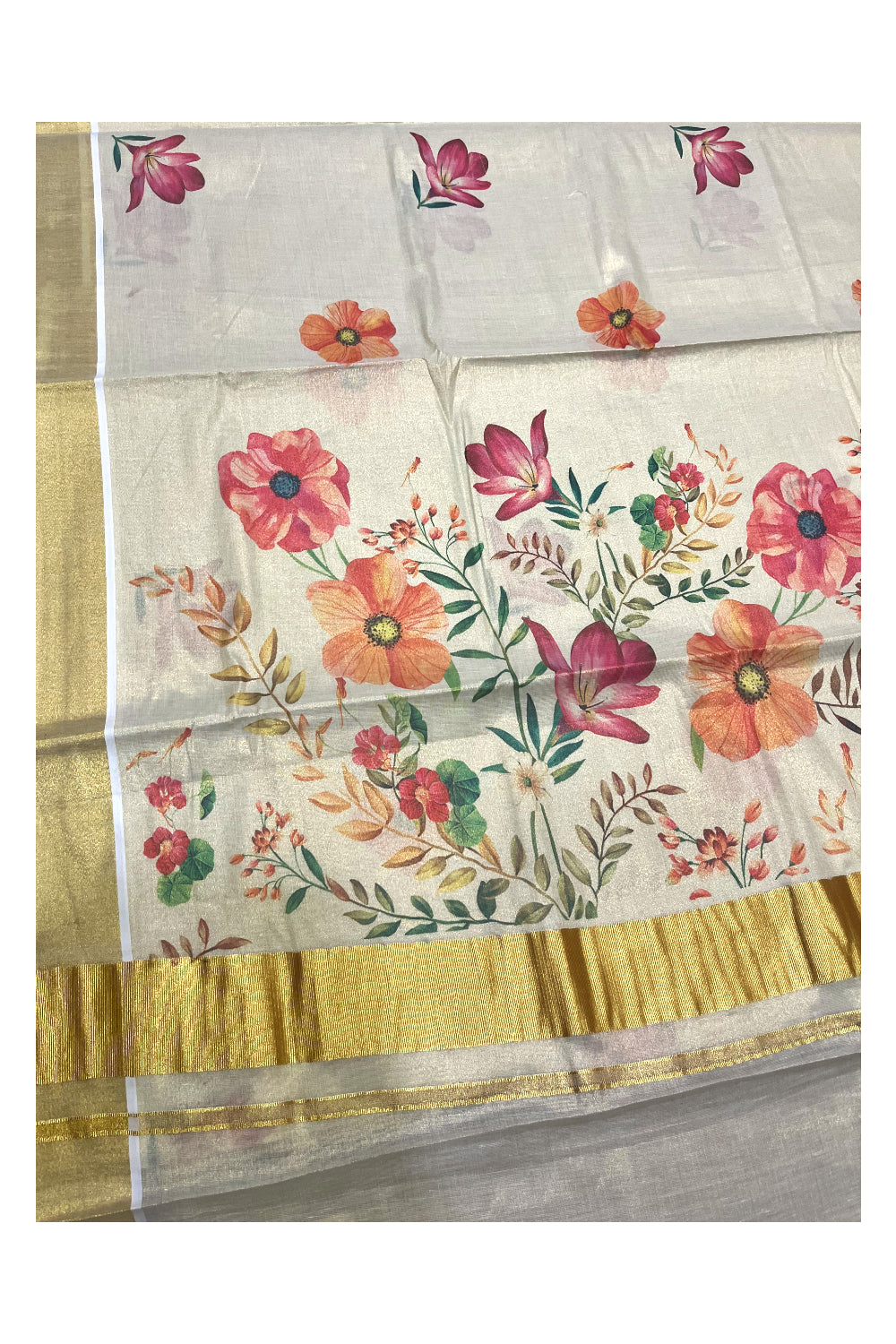 Kerala Tissue Kasavu Saree with Orange And Pink Floral Prints on Body (Vishu 2024 Collection)